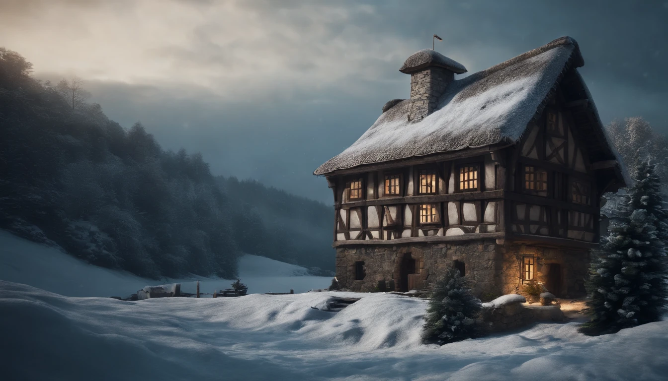 ue,Medieval cityscape,Stone House,snowscape