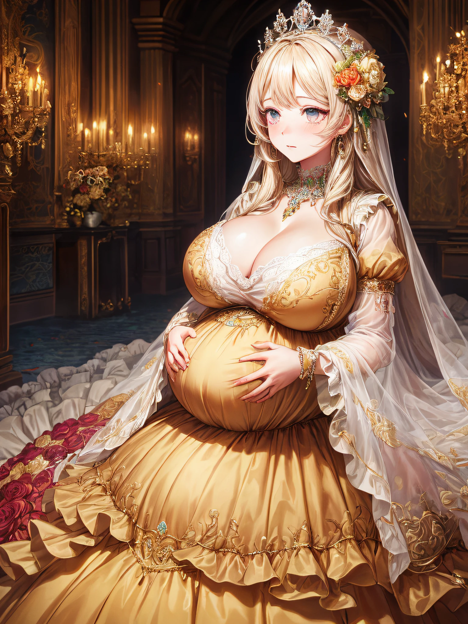 (masterpiece, best quality,extremely detailed:1.1),(moe anime art style:1.2),1girl,((full body,focus face)),((solo)), cute, kawaii,digital art,((1 bling-bling pregnant princess wearing beautiful embroidery and jeweled gorgeous rococo ballgown with jeweled voluminous full length hoop skirt)),(((heavily pregnant))),very big pregnant belly,((crinoline)),long train,voluminous frills,See-through,(gorgeous embroidery and beautiful lace),((very gigantic boobs,skindentation)),cleavage,shiny hair,(((very long straight hair,large amount of straight hair))),((embarrassed)),anguish,((finely detailed face and eyes)),clear pupil,extremely gorgeousfull hair ornament,(bling-bling jeweled extremely gorgeousfull tiara),(bling-bling gorgeous gemstone jewelry),long veil,beautiful background,fantasy background,flowers,flower petals flowing,full body,((beautiful embroidery and jeweled ruffled gorgeous rococo ballgown with voluminous full length hoop skirt))