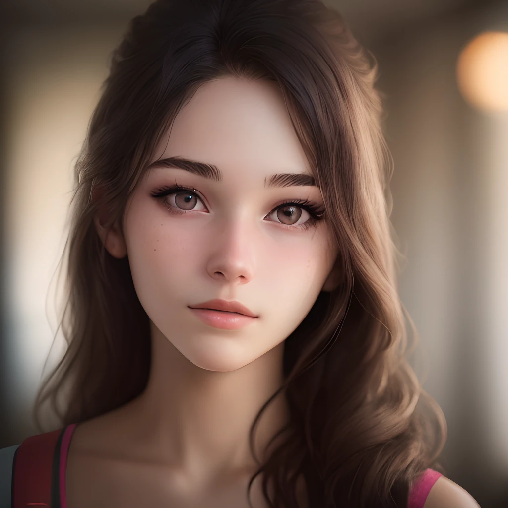 (masterpiece, best quality), realistic N@8k, portrait of a 22 yo female, white tank top, large breasts, leaning foward