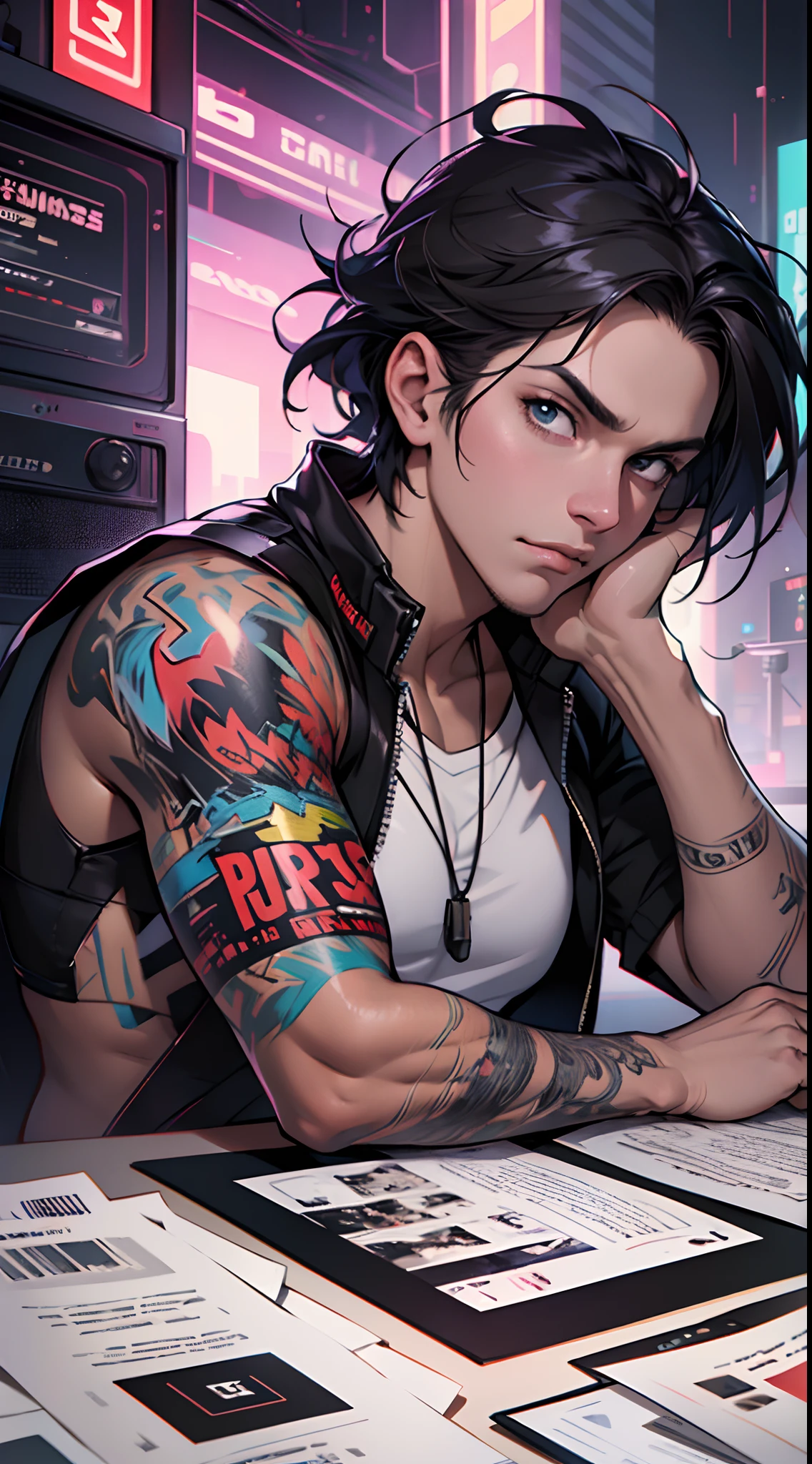 protagonista masculino do anime, cidade estilo punk. mysterious and enigmatic
. Unique and original
. Unconventional and non-conformist
. Ambitious and visionary
. Sofisticado e refinado;
. Impressionante e imponente
. Calmo e composto
. Serious and reserved
. Silencioso e reservado) hiper detalhe, high resolution, Super Detalhe, best quality, Amazing, Qualidade Superior, extremamente detalhado CG unidade 8k papel de parede, Cinematic lighting, Cyberpunk, menino escuro, --auto --s2
