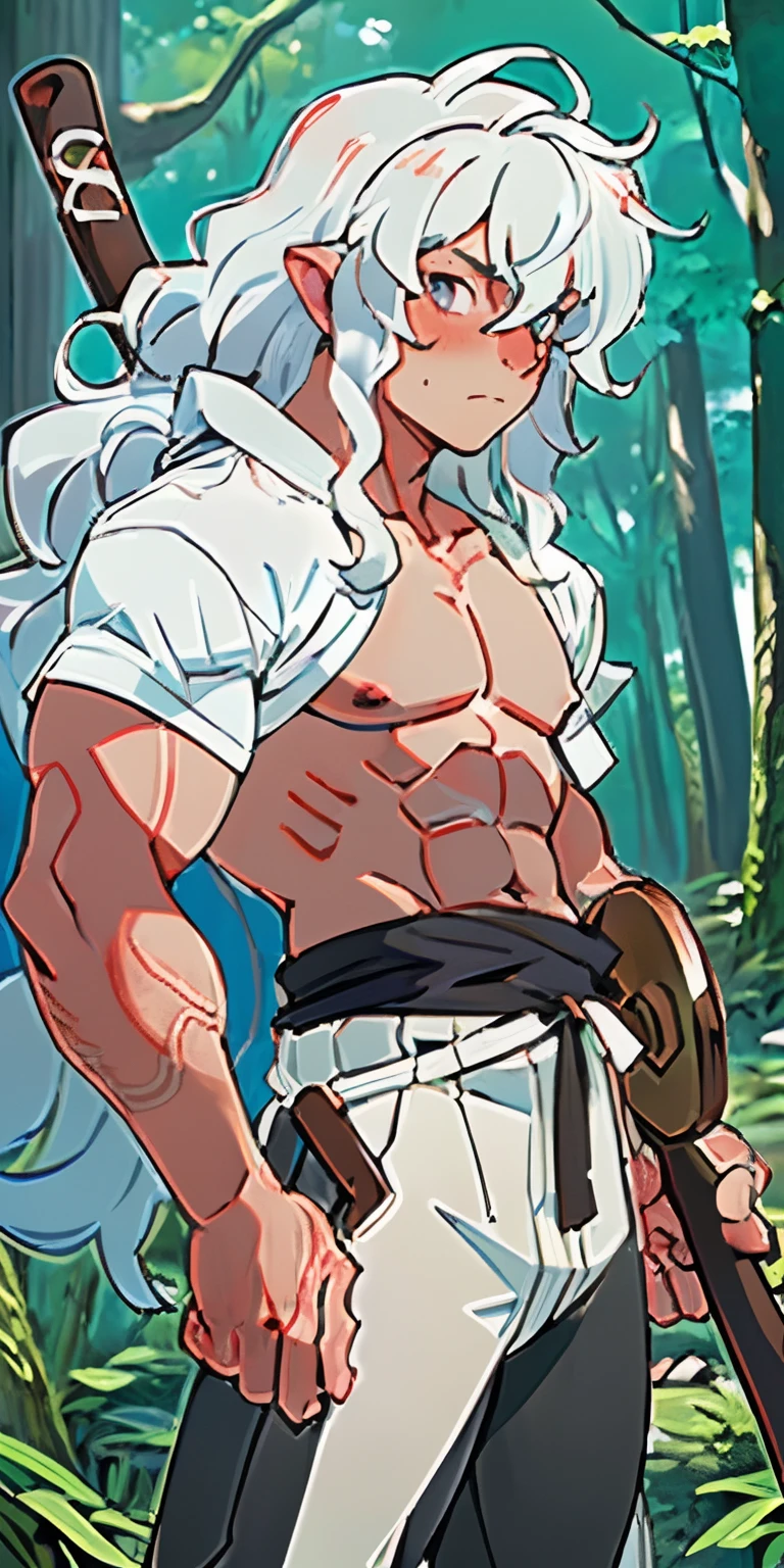 (masterpiece, best quality), 1boy, intricate details, white hair, cap, wavy hair, looking at viewer, barbarian, upper body, forest, frills, mist, axe on his back, perfect body, no shirt