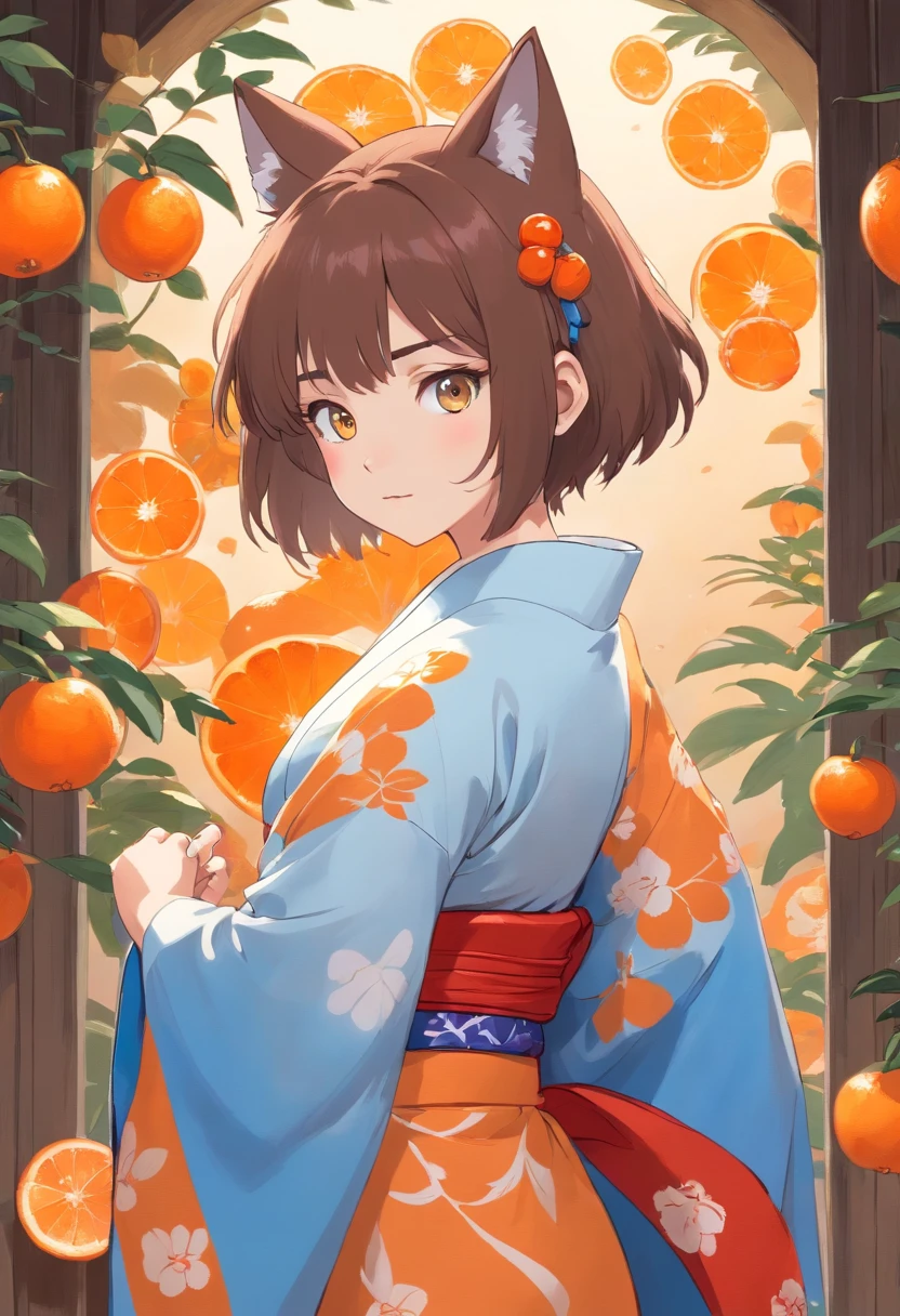 lobo com um quimono branco, e um pouco de laranja, detalhes em vermelho e azul, Her kimono covers her body and her body is not curvaceous. His hair is brown with a Bob haircut.