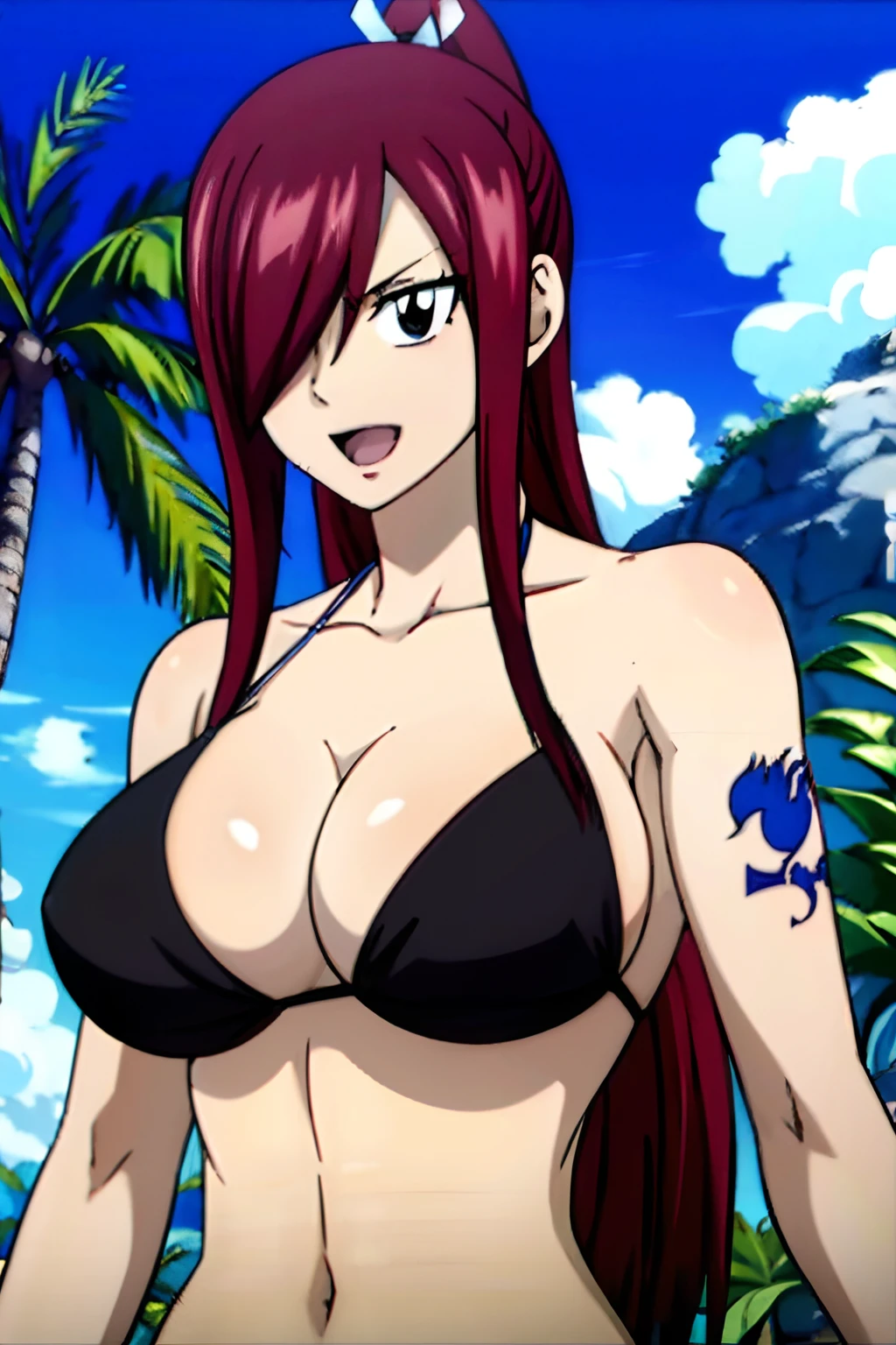 masterpiece, anime style, beach, best quality, highres, fairy tail, 1girl, long hair, ponytail, reddish hair, (bang cover one eye, one hidden eye, brown eye), large breasts, collarbone, midriff, black bikini, standing, outdoors, smile, open mouth, emo hair, thick arms, broad shoulders, tattoo only on shoulder, mature woman, (tall), wide shoulders, long belly, armpit