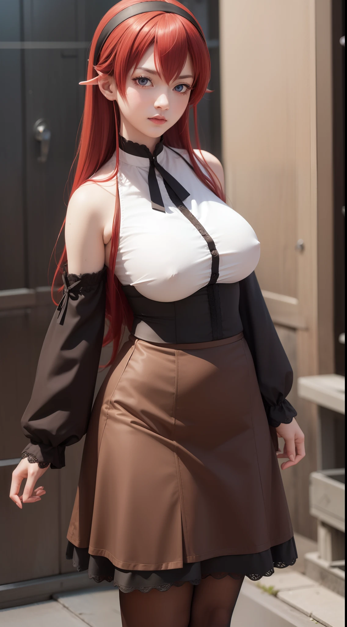 erisgreyrat, eris greyrat, ahoge, hair between eyes, long hair, (red eyes:1.5), red hair, sidelocks, (huge breast:1.2),
BREAK black hairband, black ribbon, brown skirt, hairband, long sleeves, neck ribbon, pantyhose, ribbon, shirt, shoulder cutout, skirt, white pantyhose, white shirt, wide sleeves,
BREAK looking at viewer,
BREAK outdoors, city,
BREAK (masterpiece:1.2), best quality, high resolution, unity 8k wallpaper, (illustration:0.8), (beautiful detailed eyes:1.6), extremely detailed face, perfect lighting, extremely detailed CG, (perfect hands, perfect anatomy),