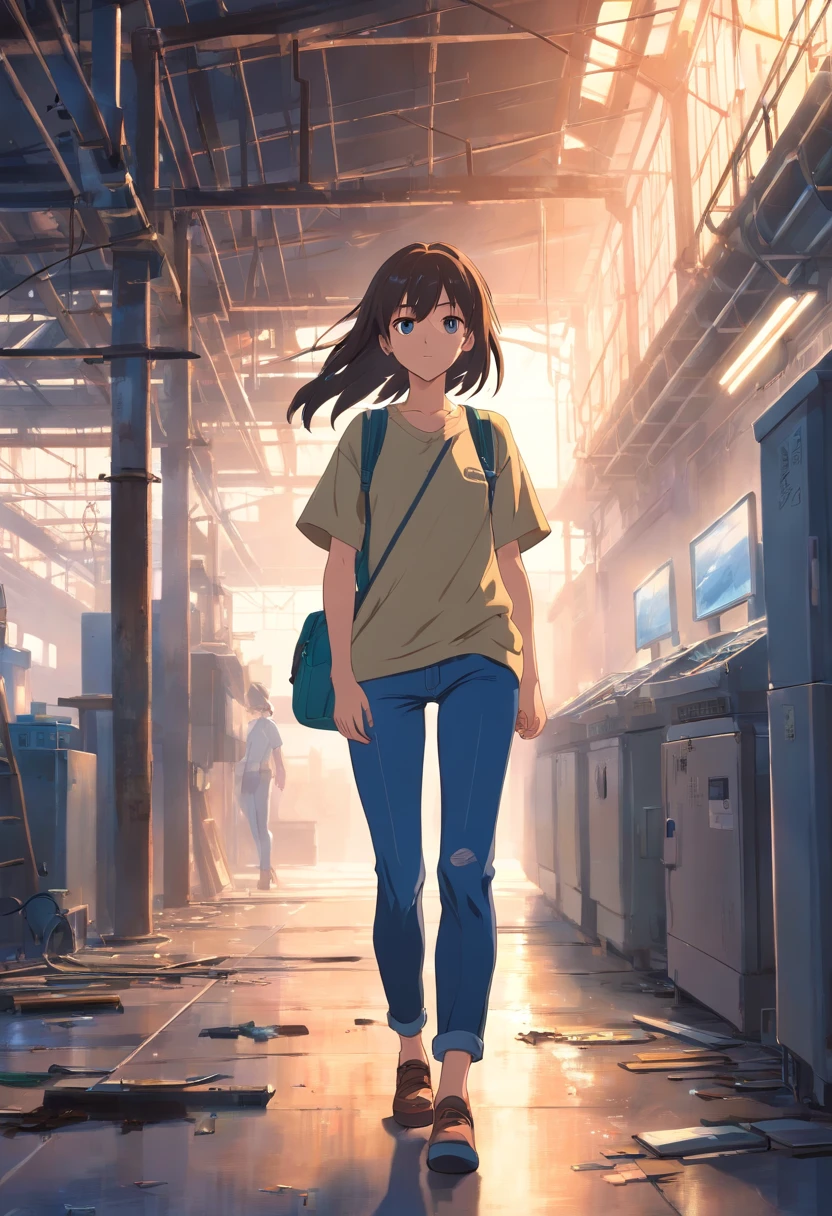 (Best quality,A high resolution,Masterpiece:1.2),(cinematic Film still from),(Dark and terrifying:1.0),Solo,(1girll),(An 18-year-old girl has semi-long hair:1.2),(Bust),(A bust up close),(huge tit:1.0),(Dirty T-shirt and jeans),(Shoulder bag:1.0),(Take a walk in an abandoned factory in the evening)