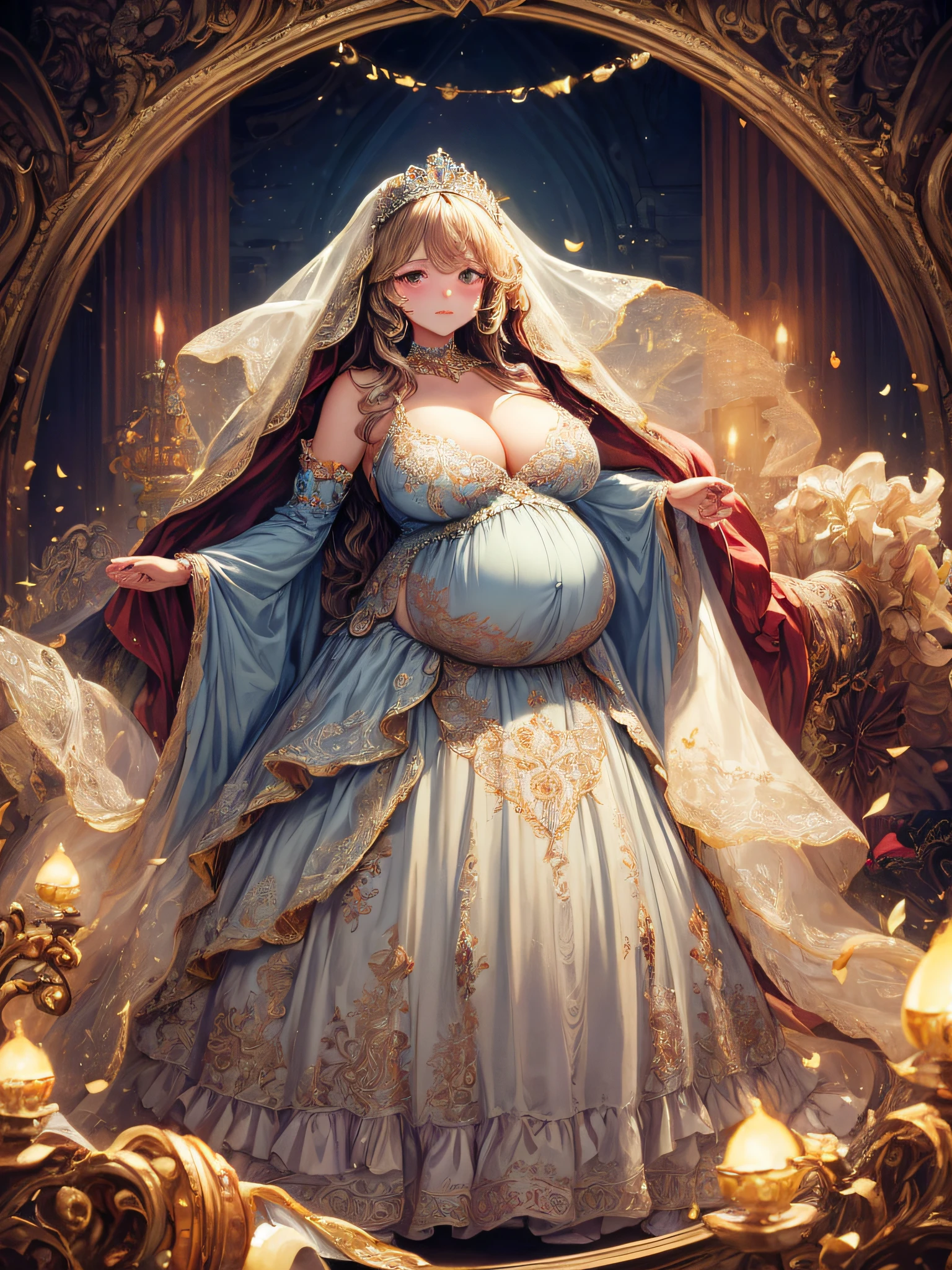 (masterpiece, best quality,extremely detailed:1.1),(moe anime art style:1.2),1girl,((full body,focus face)),((solo)), cute, kawaii,digital art,((1 bling-bling pregnant princess wearing beautiful embroidery and jeweled gorgeous rococo ballgown with jeweled voluminous full length hoop skirt)),(((heavily pregnant))),very big pregnant belly,((crinoline)),long train,voluminous frills,See-through,(gorgeous embroidery and beautiful lace),((very gigantic boobs,skindentation)),cleavage,shiny hair,(((very long straight hair,large amount of straight hair))),((embarrassed)),anguish,((finely detailed face and eyes)),clear pupil,extremely gorgeousfull hair ornament,(bling-bling jeweled extremely gorgeousfull tiara),(bling-bling gorgeous gemstone jewelry),long veil,beautiful background,fantasy background,flowers,flower petals flowing,full body,((beautiful embroidery and jeweled ruffled gorgeous rococo ballgown with voluminous full length hoop skirt))