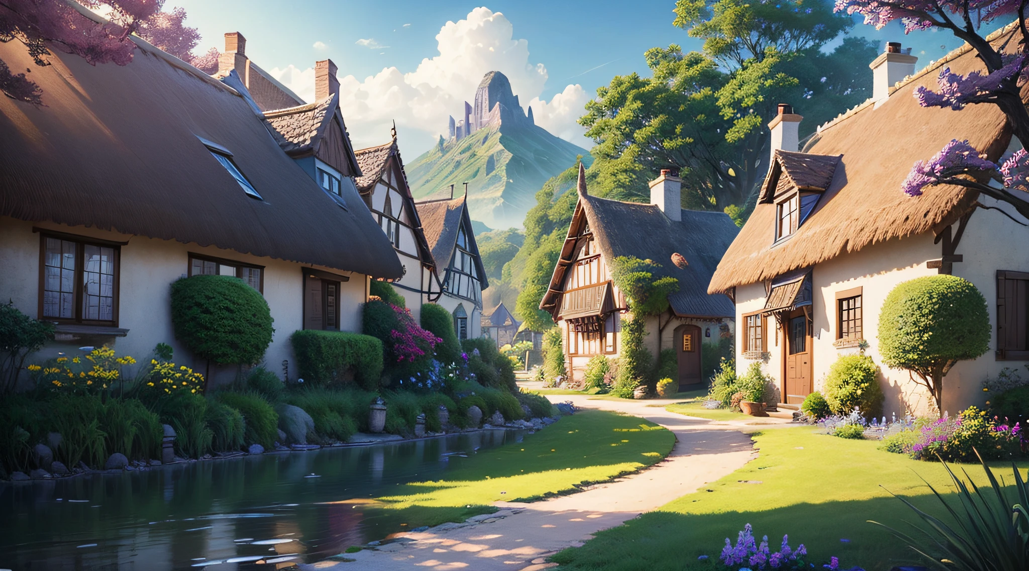 imagem toda feita em 3d, com cores vibrantes, This image is a house with a thatched roof and a garden, Fantasia pintura, fofo, Cidade da fantasia de Medieval, magical village, Casa da Fantasia, Casa florida, idyllic cottage, casinha, whimsical fantasy landscape art, vila pitoresca, Cidade Cottage, casinha, lugar de conto de fadas, fantasia ultra detalhada, fantasy scenery, tomas kinkade, fantasy town setting