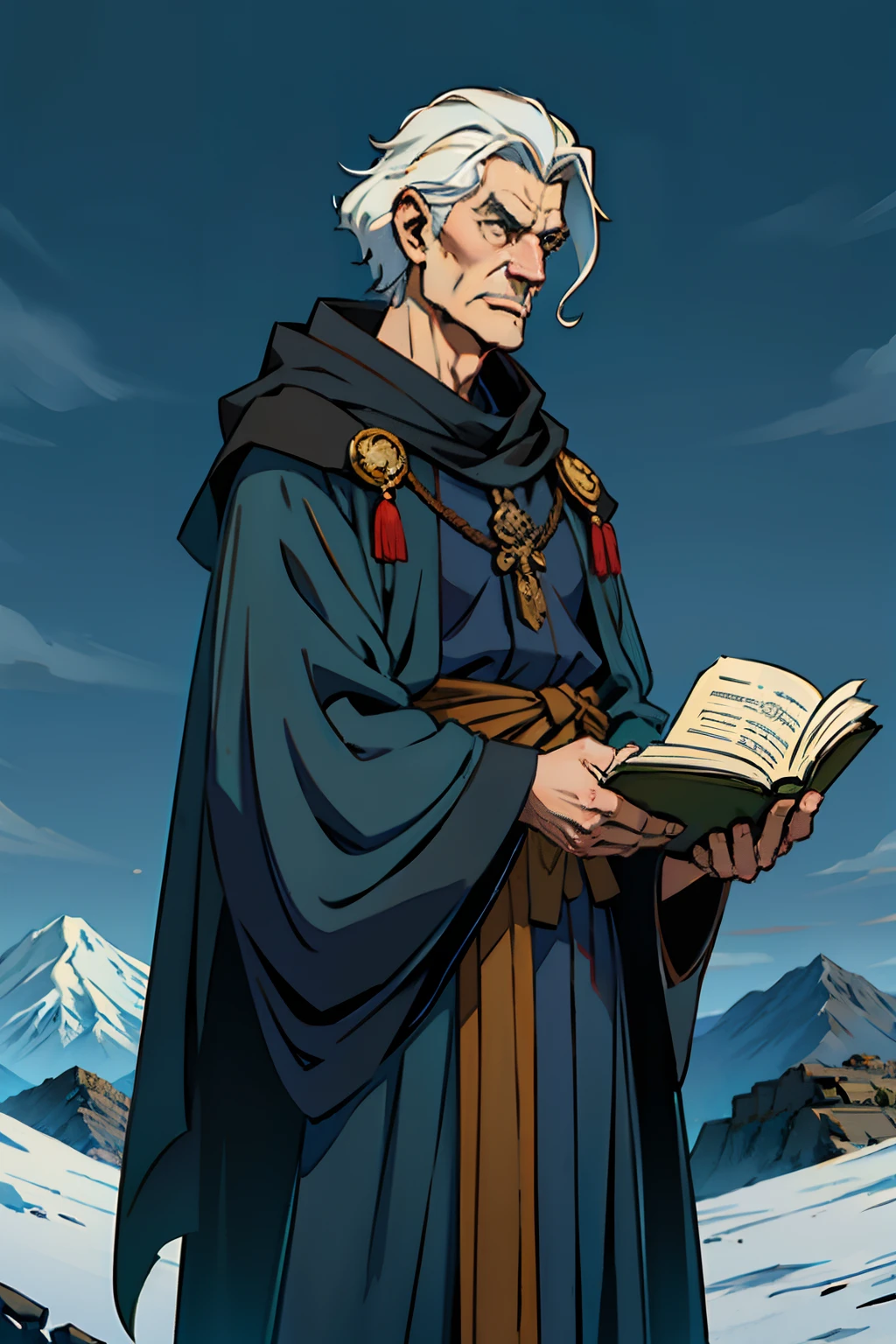 A man who is a mysterious old wizard, wearing an ornamental black robe and pointy hat, standing behind a table, holding an open book, background is a single mountain in distance, mood is diplomatic, regulated, temperate, daytime light, character design.