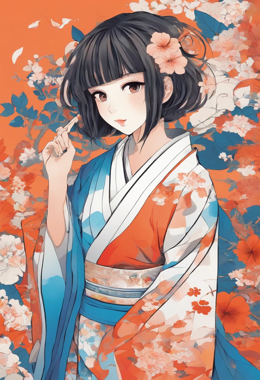 lobo com um quimono branco, e um pouco de laranja, detalhes em vermelho e azul, Her kimono covers her body and her body is not curvaceous. His hair is brown with a Bob haircut.