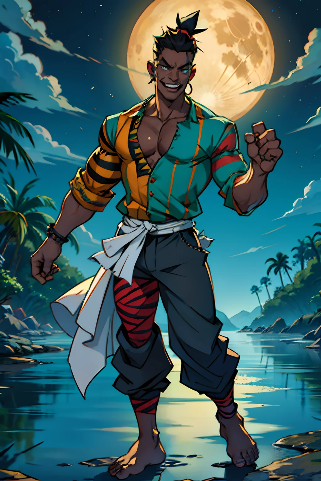 A man who is a voodoo trickster, with spiked hair, wearing striped shirt and a black pants, holding a leg bone in one hand, dancing around like crazy, background is full moon, tropical shoreline, mood is fickle, stupid, insanity, night time light, character design.