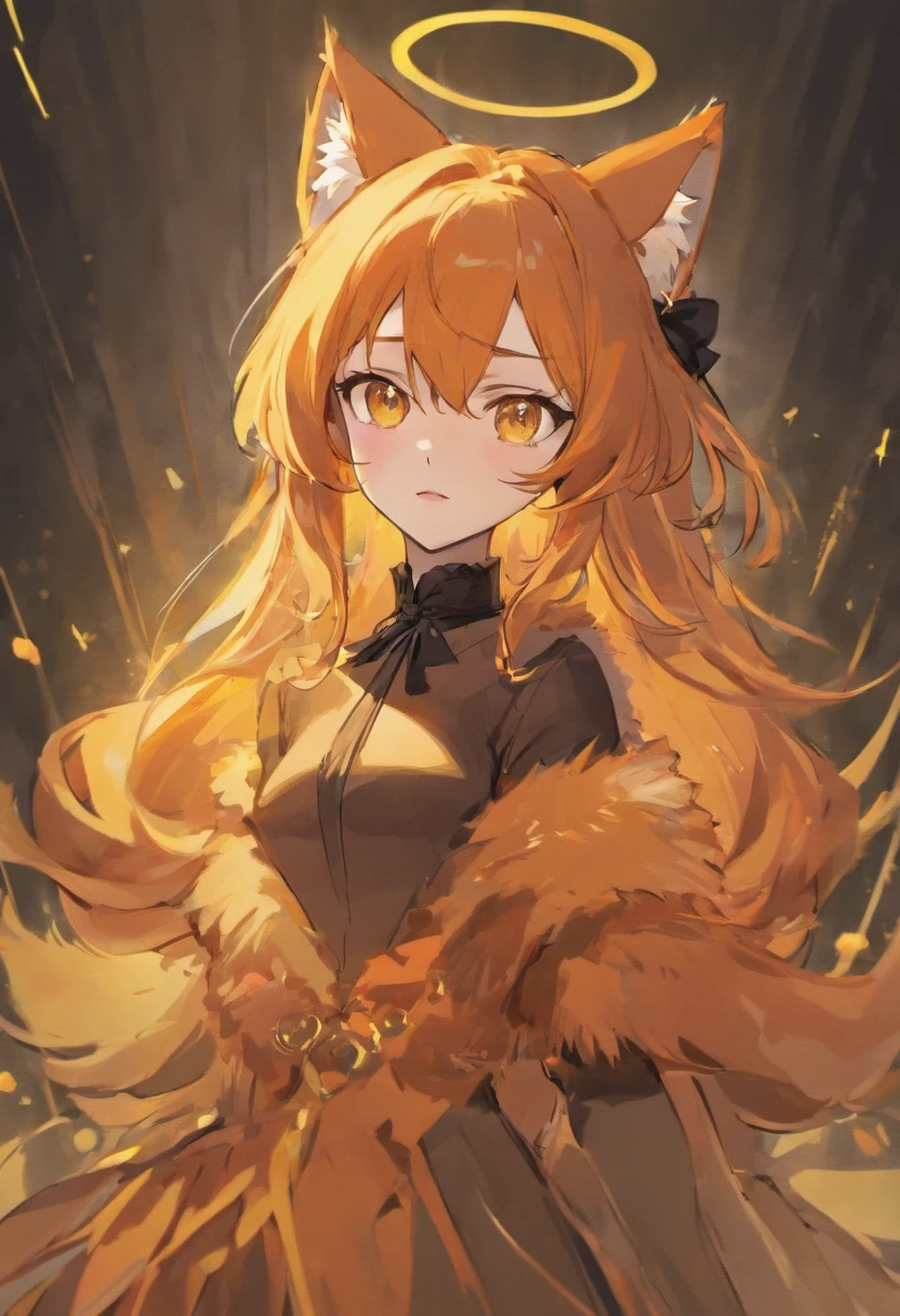 A vixen woman, her fur is black and orange, her eyes are yellow, wearing formal clothing that covers her entire body