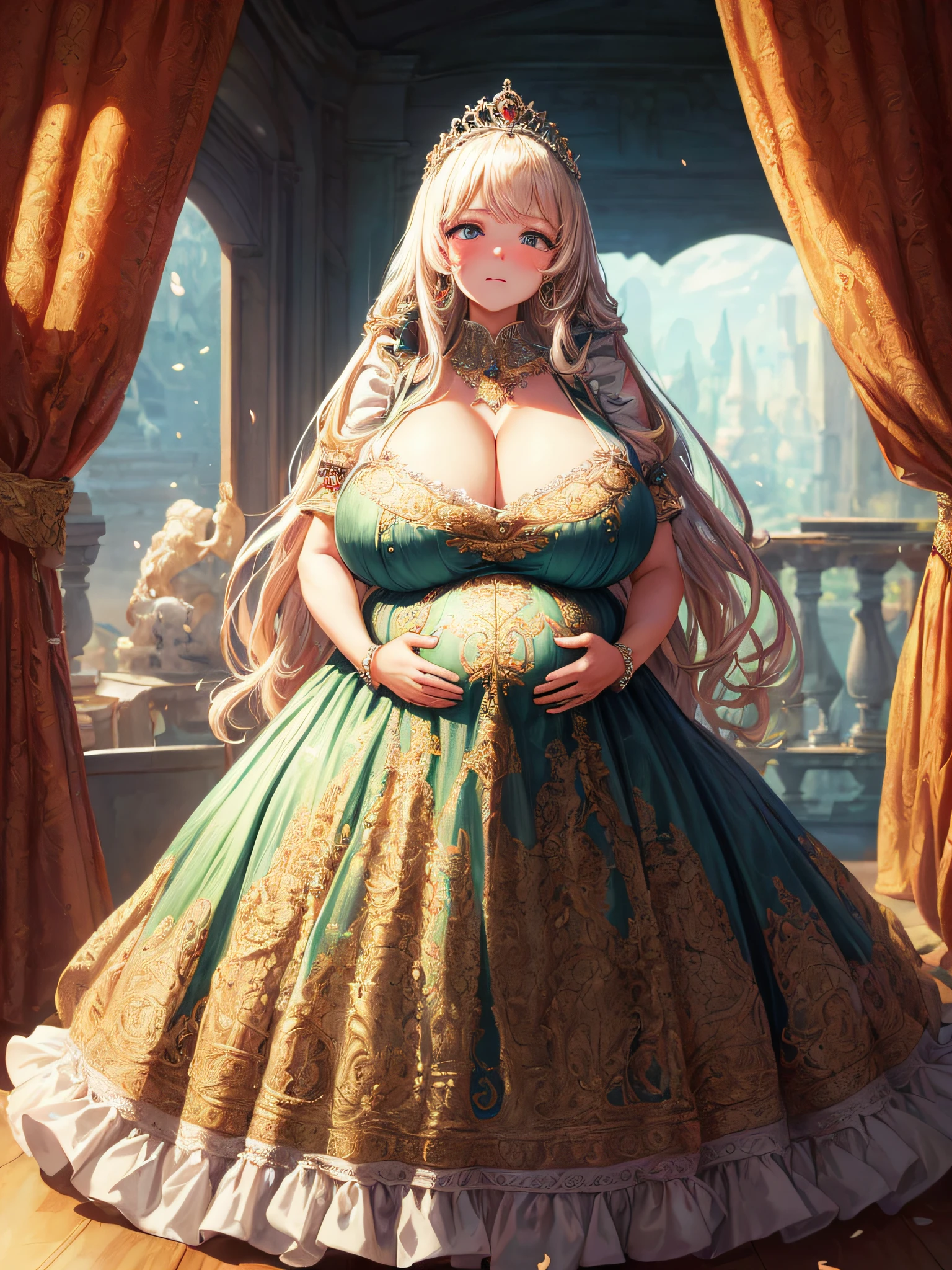 (masterpiece, best quality,extremely detailed:1.1),(moe anime art style:1.2),1girl,((full body,focus face)),((solo)), cute, kawaii,digital art,((1 bling-bling pregnant princess wearing beautiful embroidery and jeweled gorgeous rococo ballgown with jeweled voluminous full length hoop skirt)),(((heavily pregnant))),very big pregnant belly,((crinoline)),long train,voluminous frills,See-through,(gorgeous embroidery and beautiful lace),((very gigantic boobs,skindentation)),cleavage,shiny hair,(((very long straight hair,large amount of straight hair))),((embarrassed)),anguish,((finely detailed face and eyes)),clear pupil,extremely gorgeousfull hair ornament,(bling-bling jeweled extremely gorgeousfull tiara),(bling-bling gorgeous gemstone jewelry),long veil,beautiful background,fantasy background,flowers,flower petals flowing,full body,((beautiful embroidery and jeweled ruffled gorgeous rococo ballgown with voluminous full length hoop skirt))