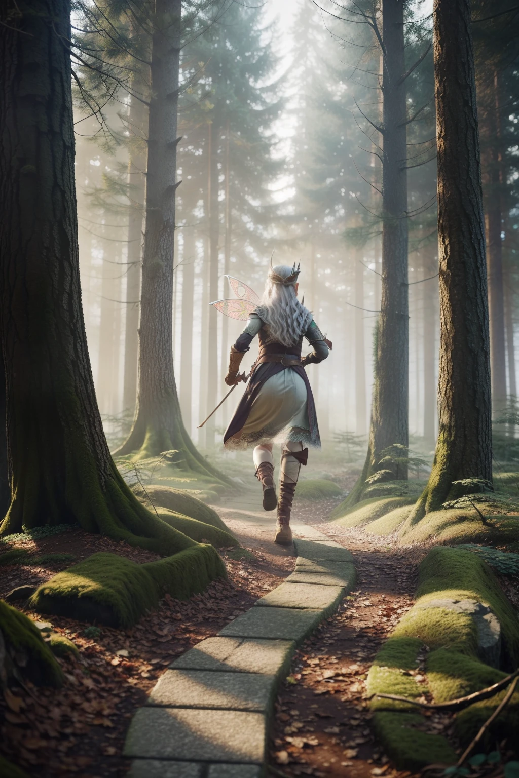 an elf running through the forest, action shot, dressed in a costume with arrows on her belt, in the style of dark white and light emerald, ambitious, detailed costumes, i can't believe how beautiful this is, pop-culture-infused, functionality emphasis, whirring contrivances, locks eyes into the camera, symmetrical face, symmetrical eyes, photorealistic, soft pastel colours, intricate, path tracing, illustration, insanely detailed, path traced hair, shadow mapping, volumetric lighting, magical lights in the forest, fairy tale atmosphere, foggy forest, low angle