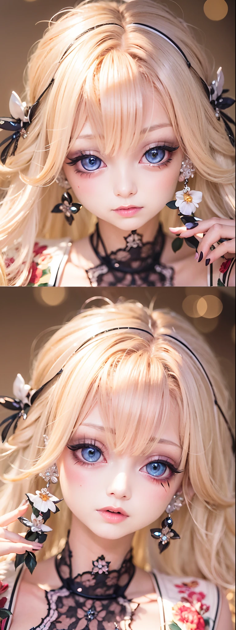 (Detailed eyes,Long eyelashes,Bright and colorful iris,Expressive eyebrows,Blend eyeshadow perfectly,Eyes sparkle,Reflective eyeballs),(Blonde 1。3 Lots of hair1。3 Delicate hair 1。2),(Clear stockings with floral motifs:1.4,),Red sexy openwork lace dress,Close-up shot