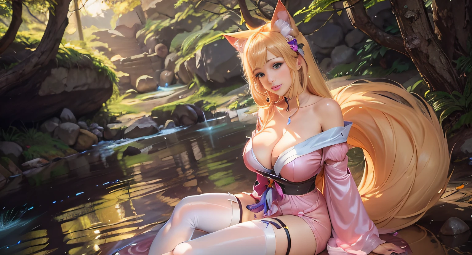 blond haired woman in pink dress sitting on a rock by a river, very beautiful anime cat girl, attractive cat girl, seraphine ahri kda, anime girl cosplay, beautiful anime catgirl, ahri from league of legends, very beautiful cute catgirl, seductive anime girl, ahri, anime girl in real life, holo is a wolf girl, blue eyes, smiling