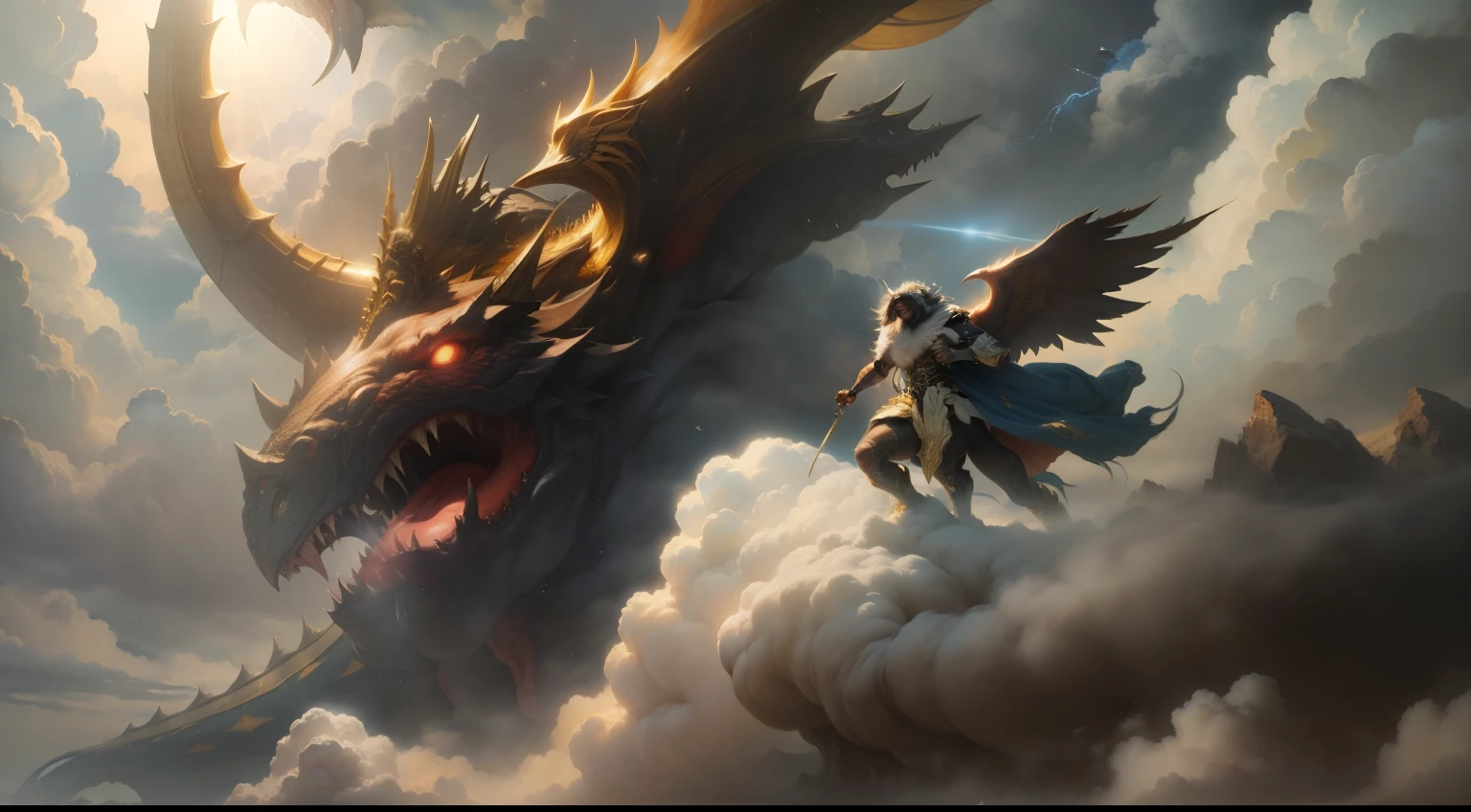 "[a realistic painting of God descending from the clouds to fight with the Leviathan in cinematic style]"