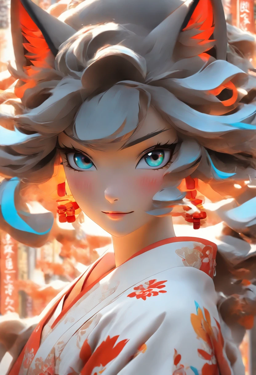 wolf girl with a white kimono, with some orange, red and blue details in it. Her kimono exposes her shoulders and her vibe resembles a kitsune, with some red makeup in the face. She have a brown hair with a bob haircut.