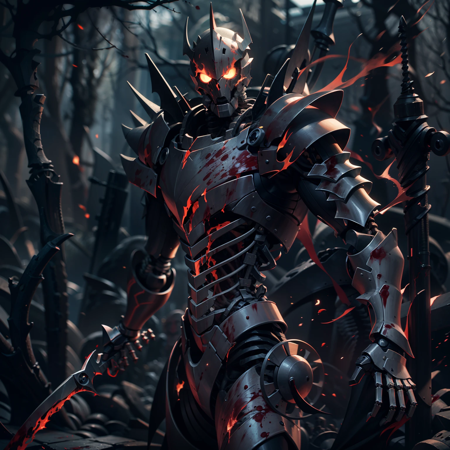 （Very detailed 8k wallpapers），The horror covered in blood（undead knight）photo from the side （Hyper-detailing），Kamen Rider，Burning eyes，（Put on the flame armor），（Semi-mechanized），（Mechanical skeleton），Mechanical details：1.2，Carry a sickle，uncanny，The dark world，Dark series