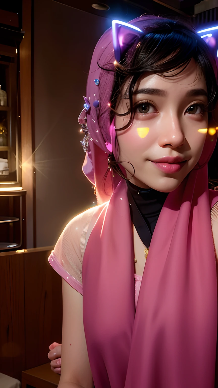 night scene, close up photo of a sexy naked malay girl with hijab, posing, look at a camera and smile, pink pastel hijab, (green eyes:0.8), cute young face, 18 yo, soft volumetric lights, (backlit:1.3), (cinematic:1.3), intricate details, (ArtStation:1.2)