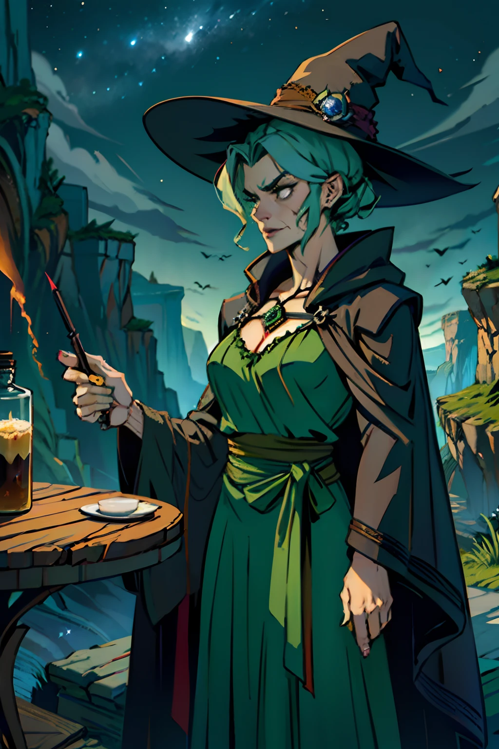 A woman who is an ugly old green witch, with dark robe and pointy hat, evil and angry looking, standing behind a table, mixing a deadly potion, background is a canyon with dark night sky, mood is fractious, recalcitrant, aggravating, agitating, night time light, character design.