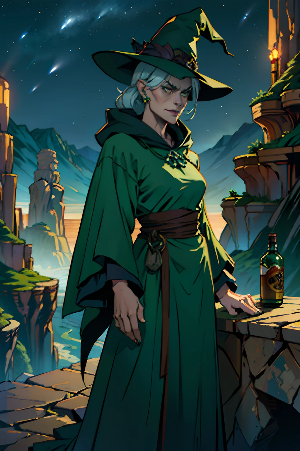 A woman who is an ugly old green witch, with dark robe and pointy hat, evil and angry looking, standing behind a table, mixing a deadly potion, background is a canyon with dark night sky, mood is fractious, recalcitrant, aggravating, agitating, night time light, character design.