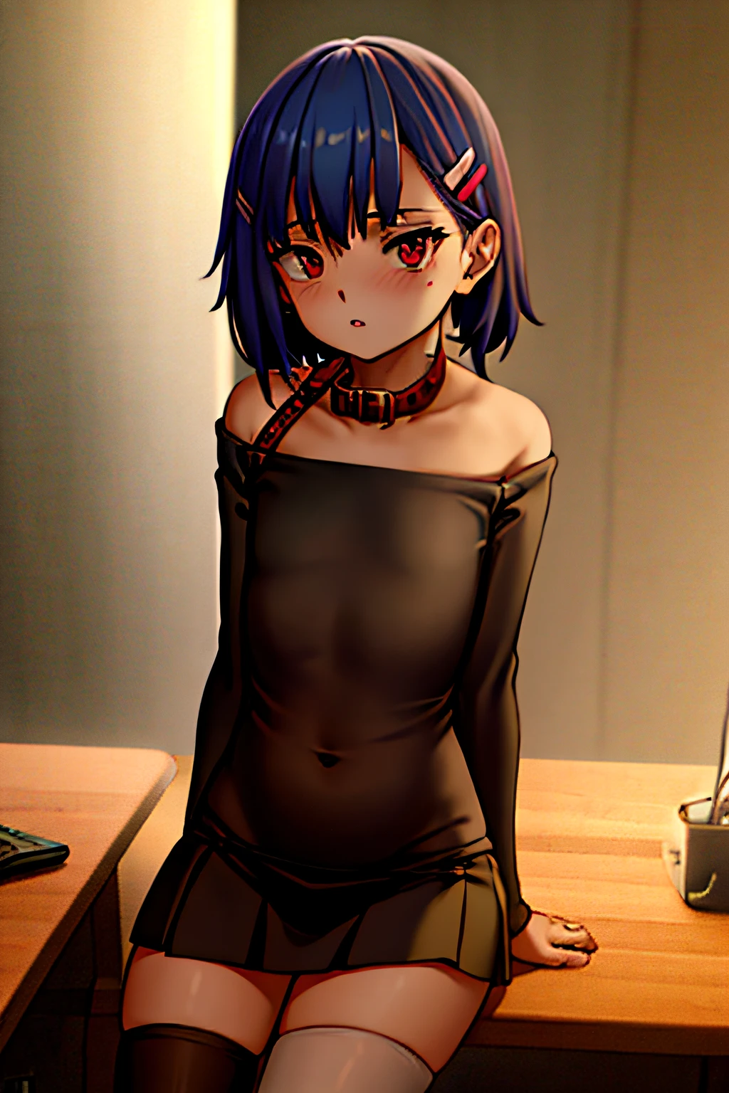1garl, nanoha-chan, kawaii, cute, pretty girl, dark-blue hair, red Dog collar, dark skin, red eyes, hairclip, lomg sleeves off-shoulder shirt, black short skirt, thigh_gap, black long high-knee-socks, no bra, Clear unblurred eyes, High-definition, high-quality drawing eyes, masterpiece, best quality, anime screenshot, 4k, face focus,