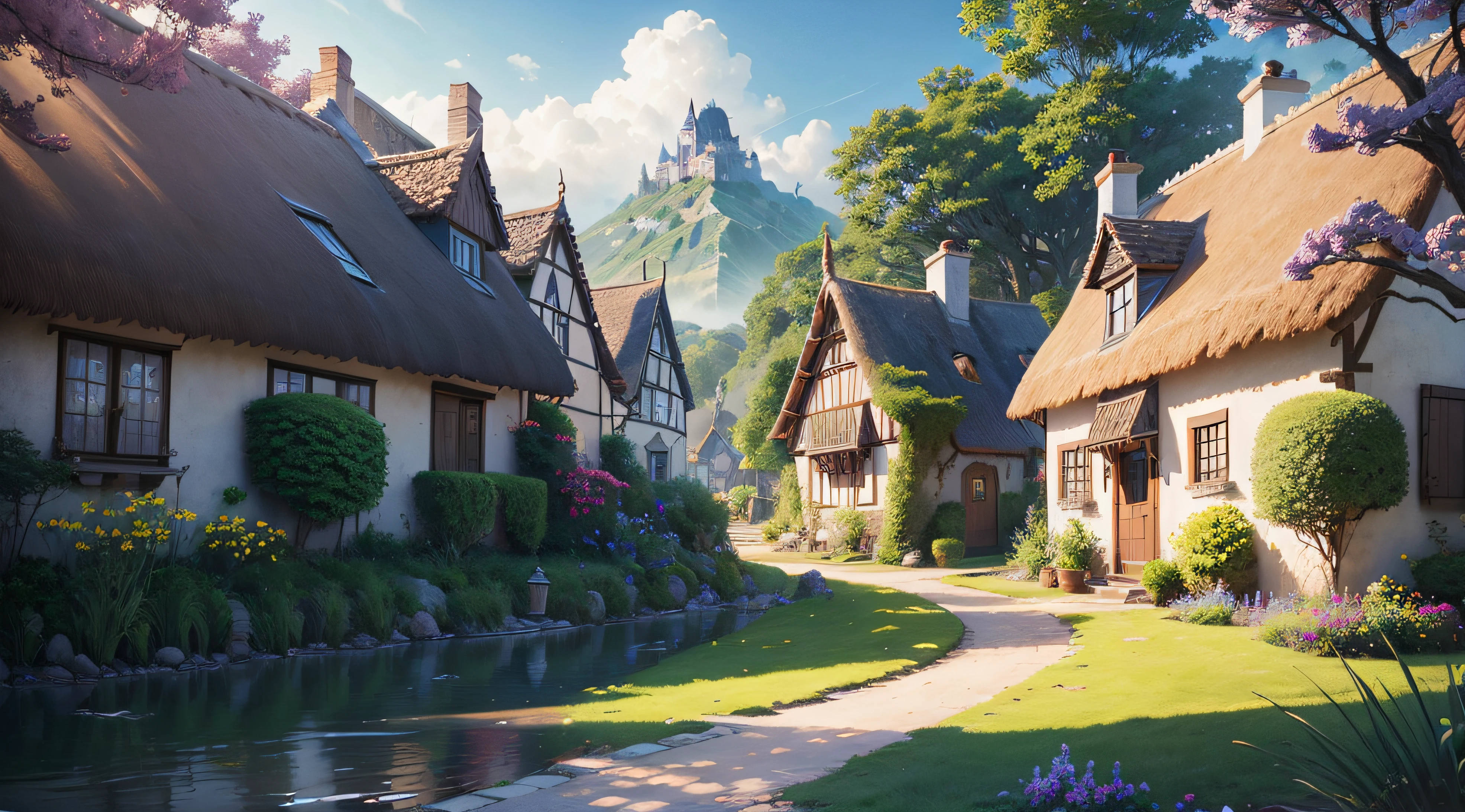 imagem toda feita em 3d, com cores vibrantes, This image is a house with a thatched roof and a garden, Fantasia pintura, Pescador, Cidade da fantasia de Medieval, magical village, Casa da Fantasia, Casa florida, idyllic cottage, casinha, whimsical fantasy landscape art, vila pitoresca, Cidade Cottage, casinha, lugar de conto de fadas, fantasia ultra detalhada, fantasy scenery, tomas kinkade, fantasy town setting
