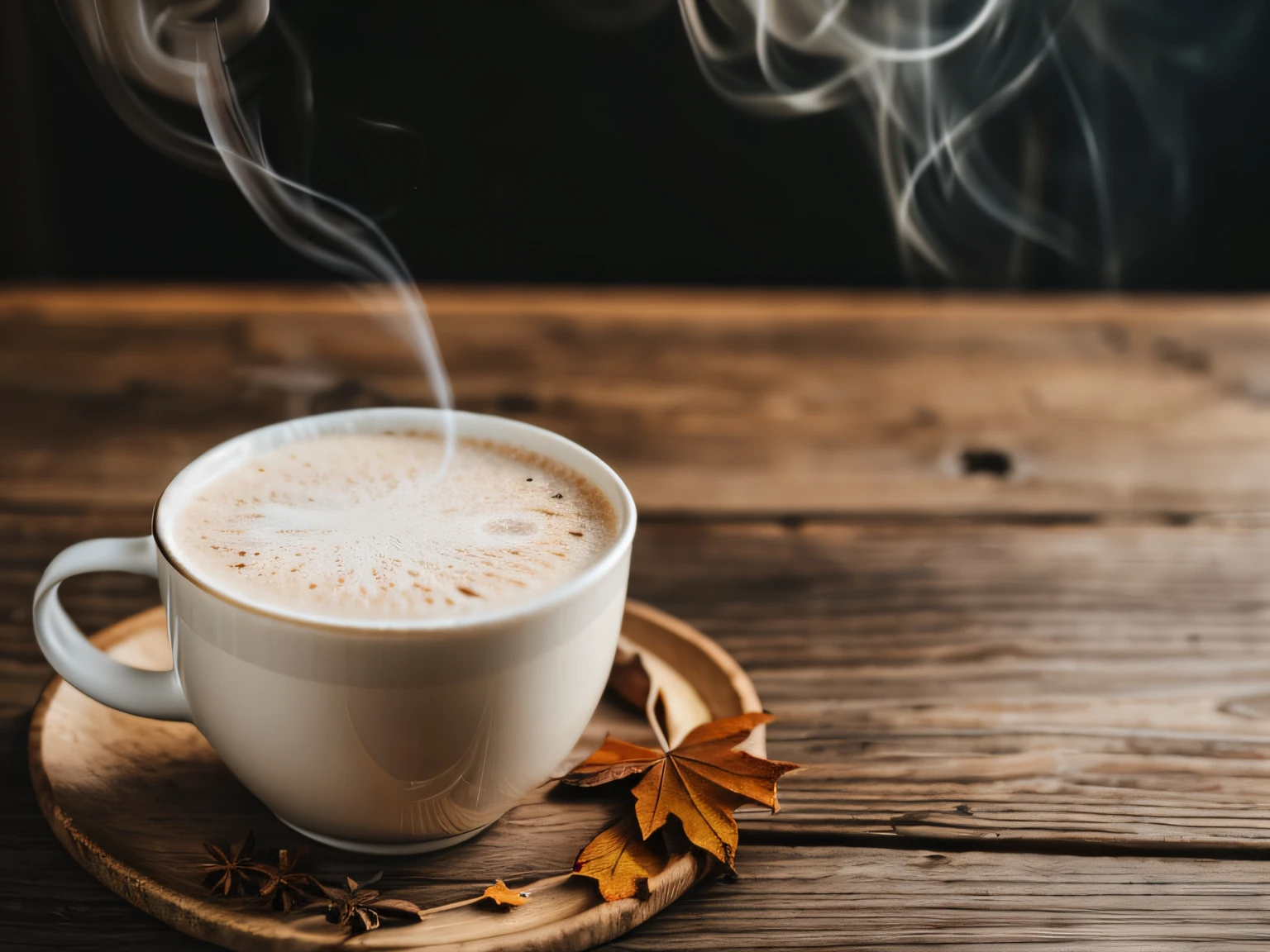 CLOSE UP CUP OF HOT MILK WITH ITS SMOKE ON THE RUSTIC TABLE REPRESENTING AUTUMN