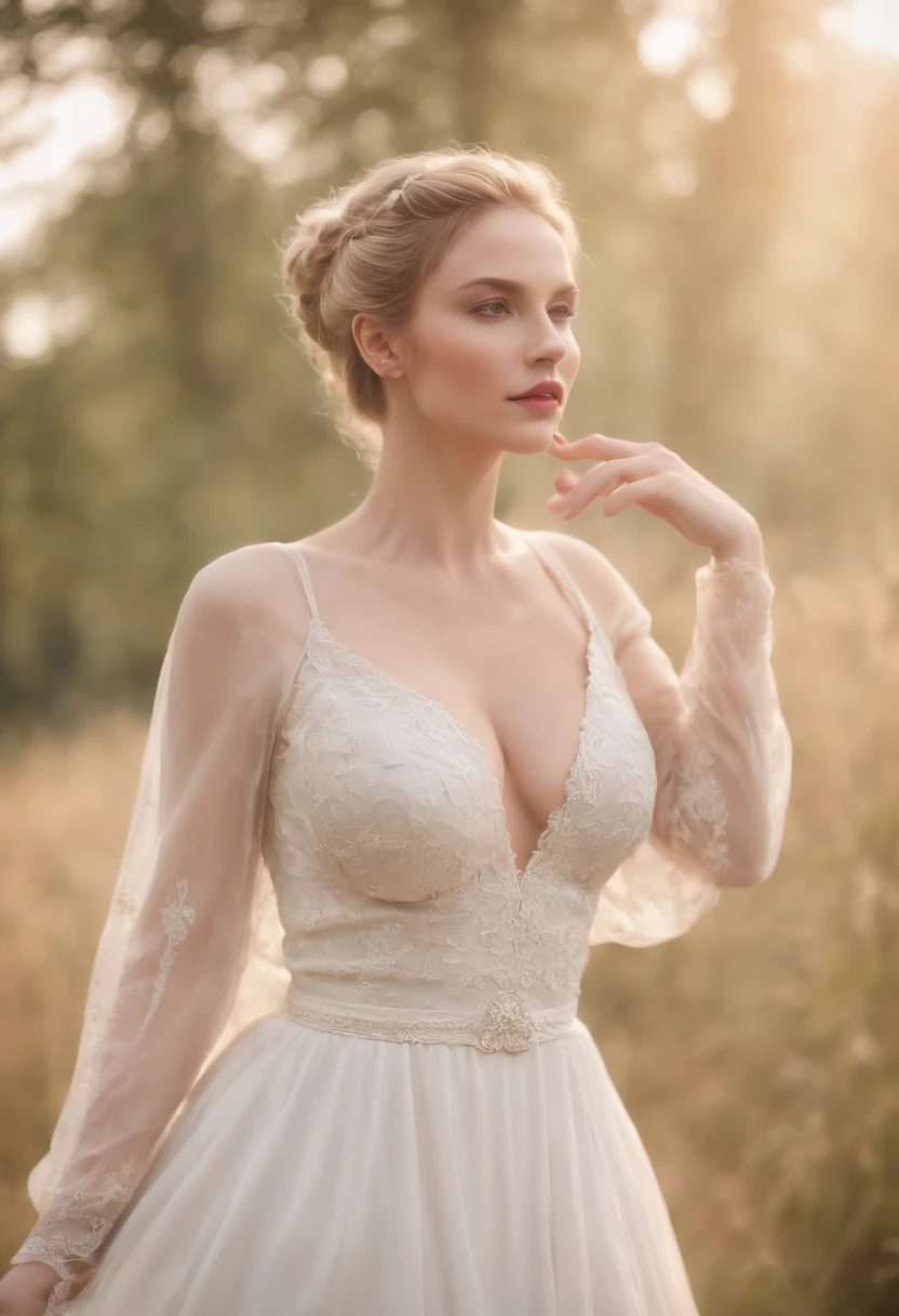 Maximum High Quality、16K、Blonde young French beautiful woman、large full breasts、cleavage of the breast、chignon hairstyle、16th century white see-through long dress、Slim waist and big hips