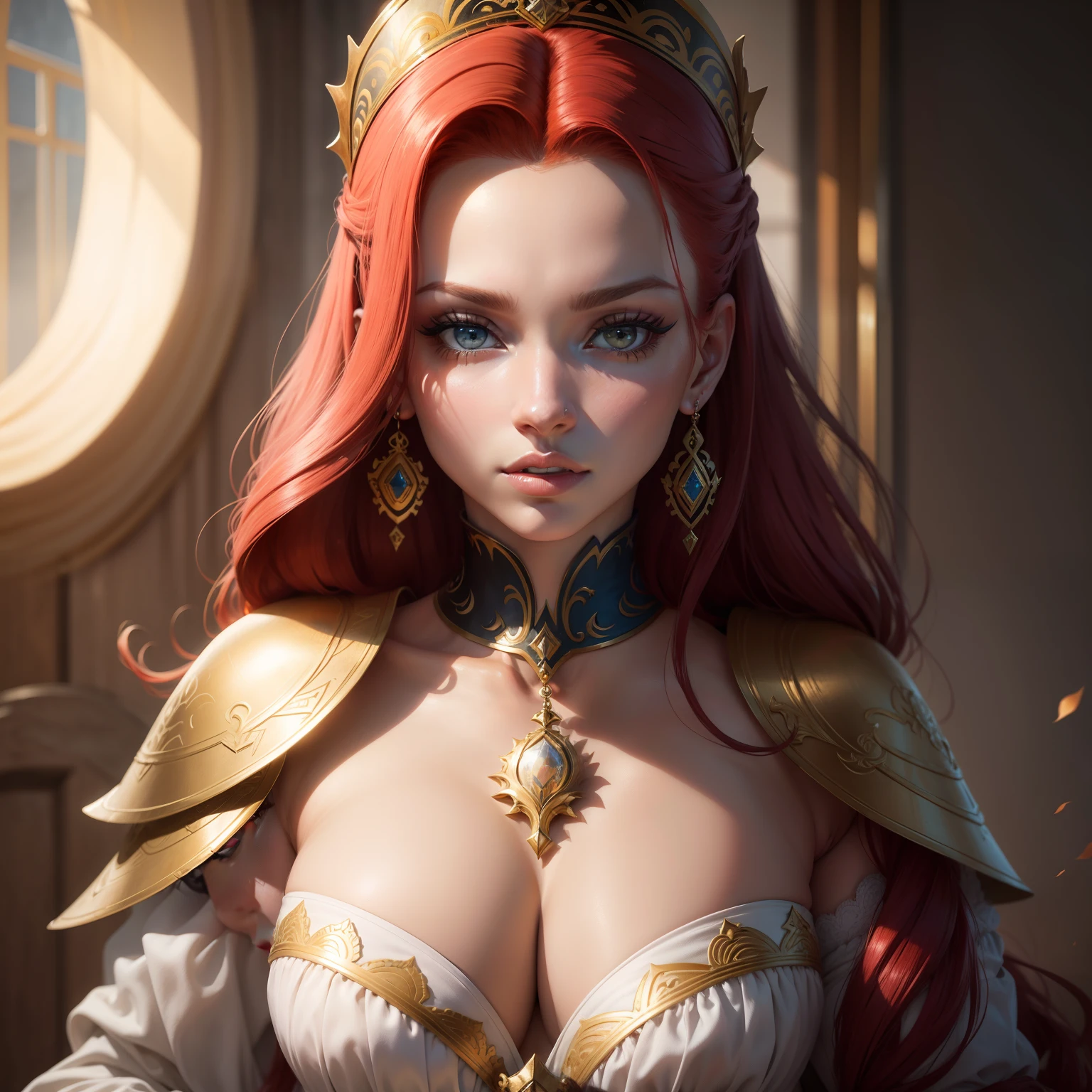 Personagem epico rainha ruiva olhos azuis coroa de ouro alta bonita rosto oerfeito super realista detalhado papel de parede 4k