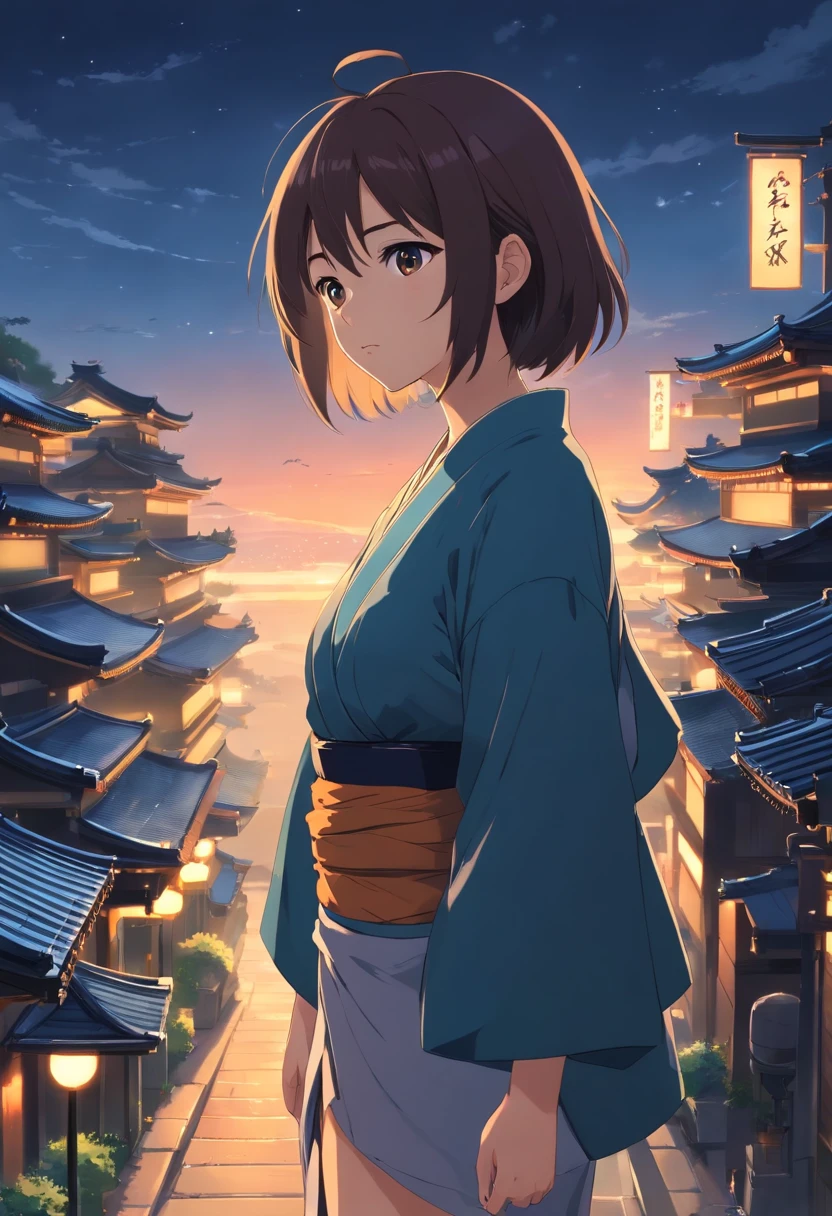 (Ancient Japan:1.0),(Best quality,A high resolution,Masterpiece:1.2),(cinematic Film still from),(Dark atmosphere:1.2),Solo,(1girll),(An 18-year-old girl with semi-long hair and big breasts:1.2),(up-close),(The upper part of the body),(Wearing black night clothes，Expose the thighs and neck:1.0),(Above the roof)