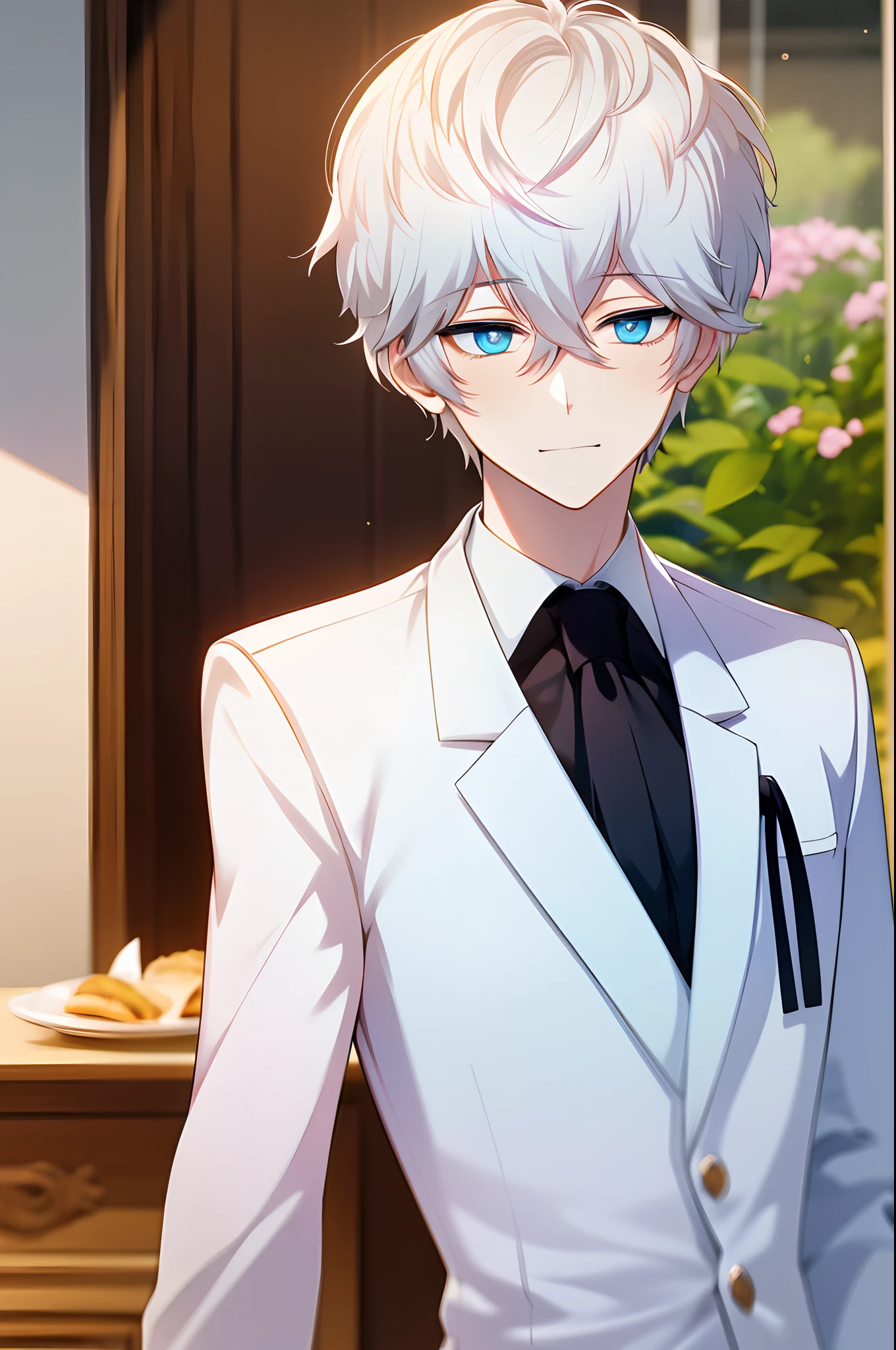 anime boy with white hair and blue eyes sitting in front of a table with pastries, hajime yatate, kawaii , tall anime guy with blue eyes, 🍁 cute, inspired by Okumura Togyu, prussia, official art, kaworu nagisa, springtime morning, delicate androgynous prince