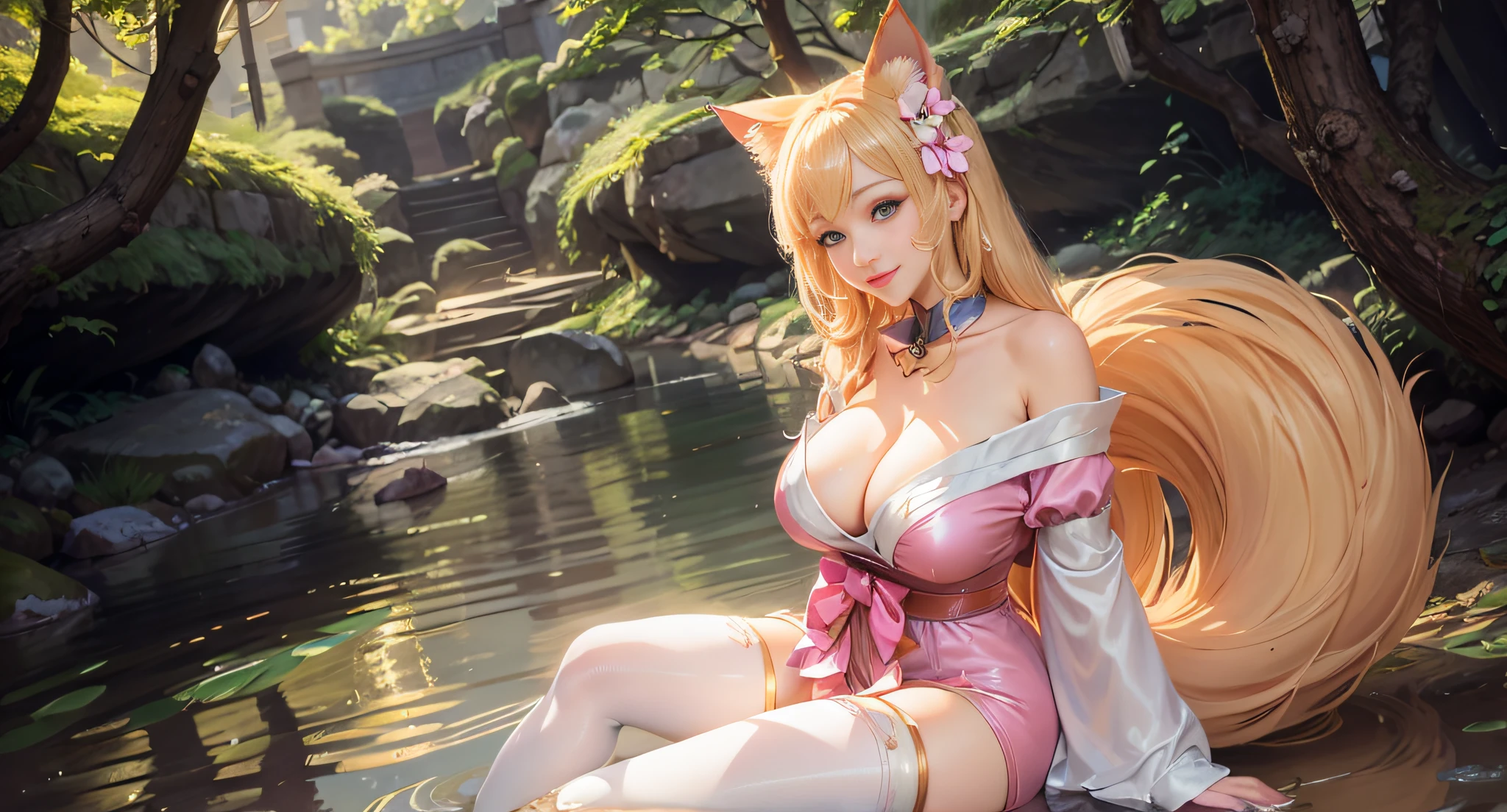 blond haired woman in pink dress sitting on a rock by a river, very beautiful anime cat girl, attractive cat girl, seraphine ahri kda, anime girl cosplay, beautiful anime catgirl, ahri from league of legends, very beautiful cute catgirl, seductive anime girl, ahri, anime girl in real life, holo is a wolf girl, blue eyes, smiling