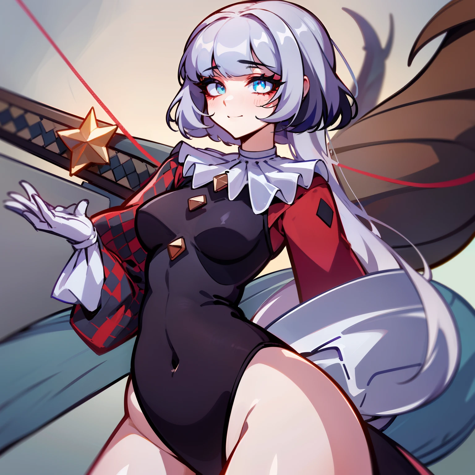 (melhor qualidade: 1.0), (super high res: 1.0), personagem extremamente detalhado, detailed hands, Half-dragon girl, chifres, scales on the neck, escamas nos ombros, scales on the forearm, escamas na bochecha, Girl with dragon tail, dragon tailed, Cabelo extremamente detalhado, cabelo curto, ((Cabelo branco)),((mechas pretas)), olhos extremamente detalhados, olho com cores diferentes, Heterocromia, olho direito branco, olho esquerdo preto, dragon eyes, 2D, Arte de Anime, ((corpo inteiro)), standing on her feet, medieval, RPG, olhar perverso, rindo, magra, olho de estrela, olho estrelado
