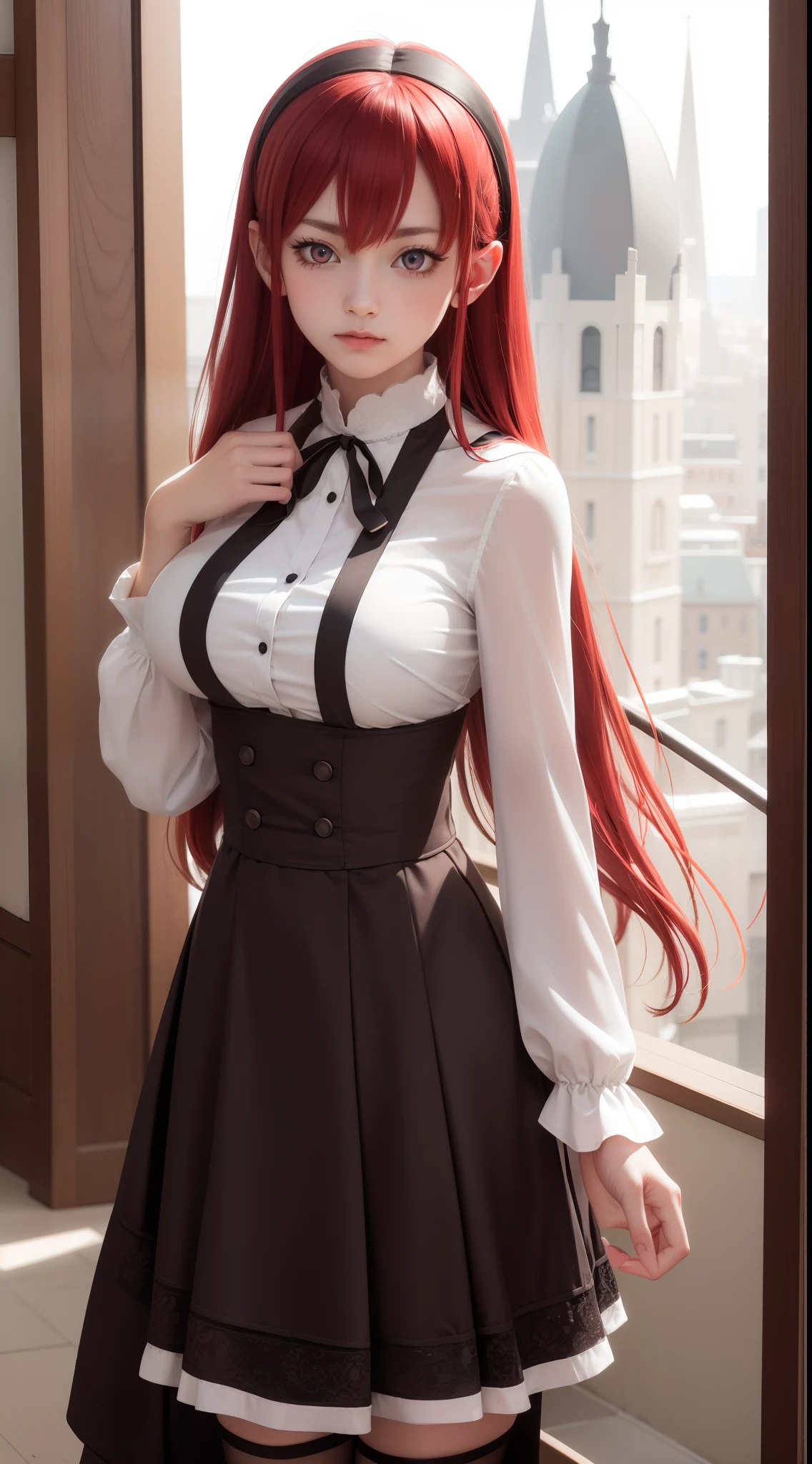 erisgreyrat, eris greyrat, ahoge, hair between eyes, long hair, (red eyes:1.5), red hair, sidelocks, (huge breast:1.2),
BREAK black hairband, black ribbon, brown skirt, hairband, long sleeves, neck ribbon, pantyhose, ribbon, shirt, shoulder cutout, skirt, white pantyhose, white shirt, wide sleeves,
BREAK looking at viewer,
BREAK outdoors, city,
BREAK (masterpiece:1.2), best quality, high resolution, unity 8k wallpaper, (illustration:0.8), (beautiful detailed eyes:1.6), extremely detailed face, perfect lighting, extremely detailed CG, (perfect hands, perfect anatomy),