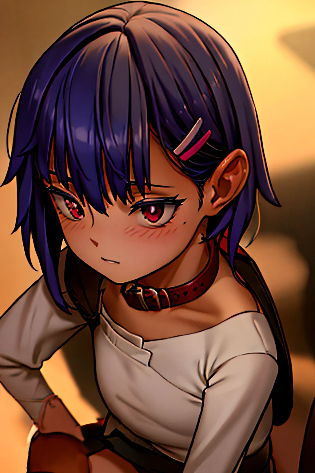 face focus, upper body, 1garl, nanoha-chan, kawaii, cute, pretty girl, dark-blue hair, red Dog collar, dark skin, red eyes, hairclip, lomg sleeves off-shoulder shirt, black short skirt, thigh_gap, black long high-knee-socks, no bra, Clear unblurred eyes, High-definition, high-quality drawing eyes, masterpiece, best quality, anime screenshot, 4k,