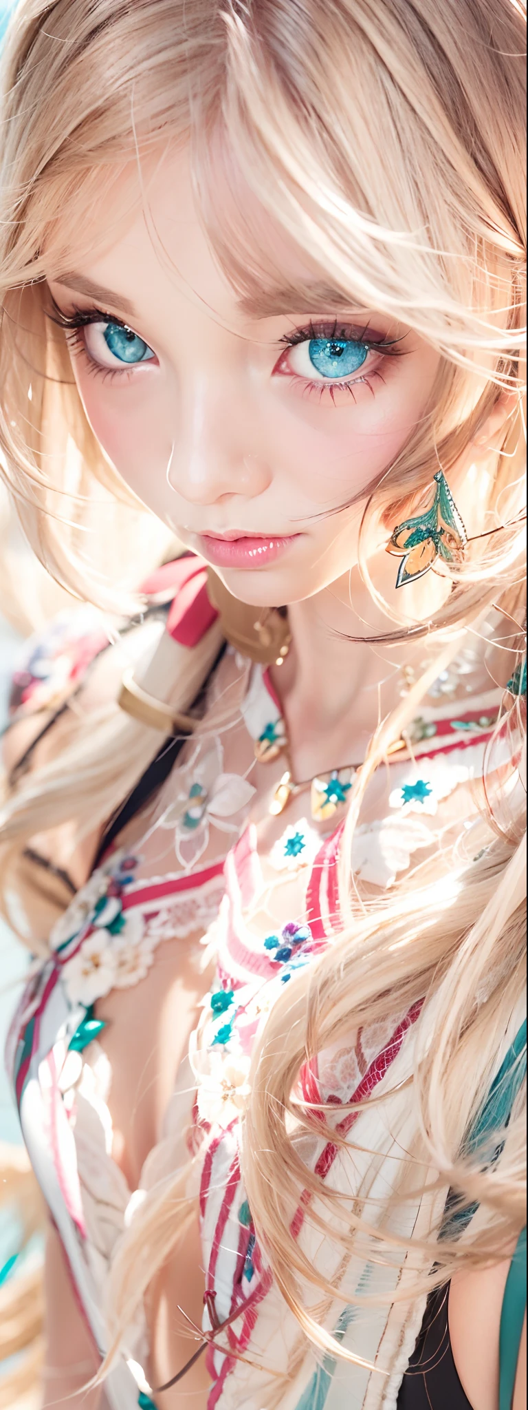 (Detailed eyes,Long eyelashes,Bright and colorful iris,Expressive eyebrows,Blend eyeshadow perfectly,Eyes sparkle,Reflective eyeballs),(Blonde 1。3 Lots of hair1。3 Delicate hair 1。2),(Clear stockings with floral motifs:1.4,),Red sexy openwork lace dress,Close-up shot