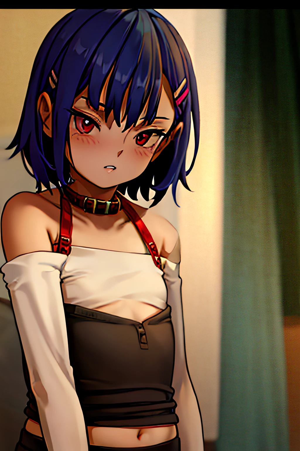 face focus, upper body, 1garl, nanoha-chan, kawaii, cute, pretty girl, dark-blue hair, red Dog collar, dark skin, red eyes, hairclip, lomg sleeves off-shoulder shirt, black short skirt, thigh_gap, black long high-knee-socks, no bra, Clear unblurred eyes, High-definition, high-quality drawing eyes, masterpiece, best quality, anime screenshot, 4k,