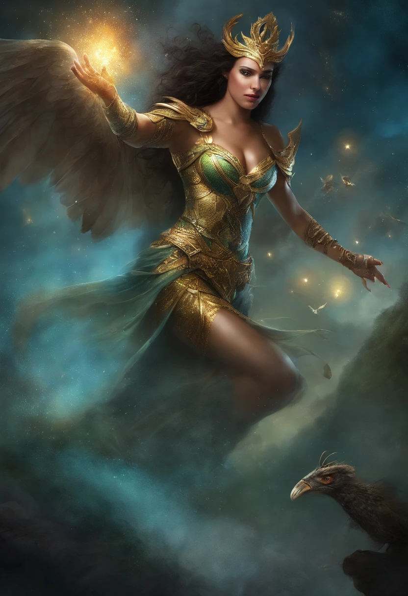 (melhor qualidade,4k,8k,Altas,master part:1.2),ultra-detalhado,(Realistic,fotorrealista,photo-realistic:1.37),Silver Amazon jumps into the air to unleash its attack, usa uma armadura de prata, longos cabelos azuis claros fluindo no ar, Gleaming cosmos coming out of hands, Noite, starly sky, estrelas brilhantes iluminando a cena, magical aura, Soft sparkles emanating from the Amazon, dynamic pose, salto no ar, conveying a sense of power and determination, cores vibrantes, armadura toda prateada detalhada e intrincada, estilo realista, Emphasis on the Amazon and its action. caucasiana. Olhos bonitos e detalhados, nariz, and lips, adding a touch of delicacy to your appearance, lighting highlighting the central figure, projetando sombras suaves ao seu redor. Olhos grandes, being a lilac and a turquoise. A armadura protege o corpo, as in Knights of the Zodiac.