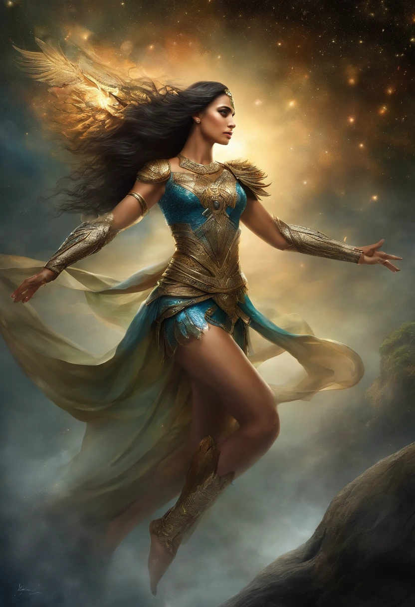 (melhor qualidade,4k,8k,Altas,master part:1.2),ultra-detalhado,(Realistic,fotorrealista,photo-realistic:1.37),Silver Amazon jumps into the air to unleash its attack, usa uma armadura de prata, longos cabelos azuis claros fluindo no ar, Gleaming cosmos coming out of hands, Noite, starly sky, estrelas brilhantes iluminando a cena, magical aura, Soft sparkles emanating from the Amazon, dynamic pose, salto no ar, conveying a sense of power and determination, cores vibrantes, armadura toda prateada detalhada e intrincada, estilo realista, Emphasis on the Amazon and its action. caucasiana. Olhos bonitos e detalhados, nariz, and lips, adding a touch of delicacy to your appearance, lighting highlighting the central figure, projetando sombras suaves ao seu redor. Olhos grandes, being a lilac and a turquoise. A armadura protege o corpo, as in Knights of the Zodiac.