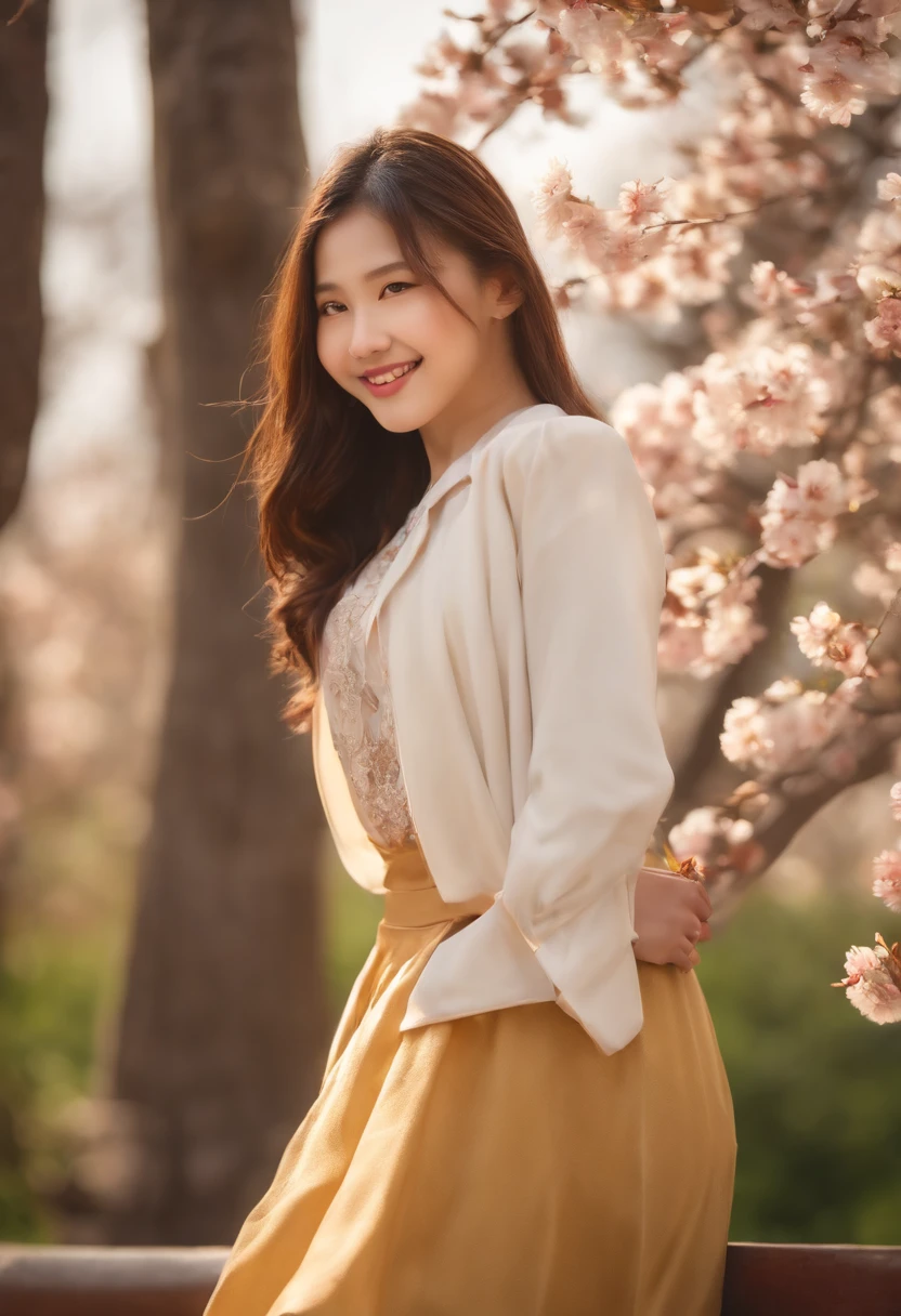 girl with long hair in , ultra-detailed, the gesture of pulling up the hair, early evening, mare, portraits, skin ultra realistic, vivid colors, soft lighting, flowing long hair, confident expressions, blazer and skirt, friendship, nostalgic atmosphere, sunny weather, tranquil environment, greenery, school building, golden hour, Japanese style, cherry blossoms, laughter, carefree youth, warm tones, natural sunlight, delicate brushstrokes, graceful poses, harmonious composition, traditional artistry, dreamy ambiance, soft focus, vibrant realism, classic charm, timeless beauty. chinese teen, complete anatomy