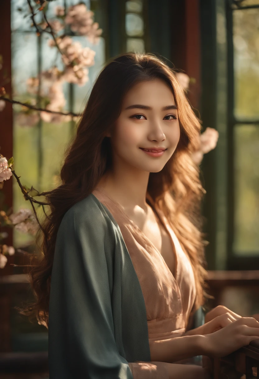 15 years old girl with long hair in , ultra-detailed, the gesture of pulling up the hair, early evening, mare, portraits, skin ultra realistic, vivid colors, soft lighting, flowing long hair, confident expressions, blazer and skirt, friendship, nostalgic atmosphere, sunny weather, tranquil environment, greenery, school building, golden hour, Japanese style, cherry blossoms, laughter, carefree youth, warm tones, natural sunlight, delicate brushstrokes, graceful poses, harmonious composition, traditional artistry, dreamy ambiance, soft focus, vibrant realism, classic charm, timeless beauty. chinese teen, complete anatomy