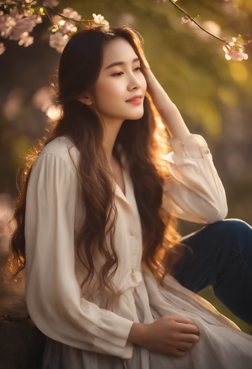 girl with long hair in , ultra-detailed, the gesture of pulling up the hair, early evening, mare, portraits, skin ultra realistic, vivid colors, soft lighting, flowing long hair, confident expressions, blazer and skirt, friendship, nostalgic atmosphere, sunny weather, tranquil environment, greenery, school building, golden hour, Japanese style, cherry blossoms, laughter, carefree youth, warm tones, natural sunlight, delicate brushstrokes, graceful poses, harmonious composition, traditional artistry, dreamy ambiance, soft focus, vibrant realism, classic charm, timeless beauty. chinese teen, complenatomy