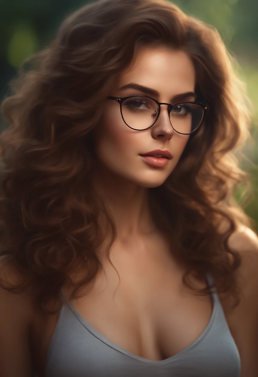 Cute brunette girl with glasses and slightly curly light brown hair with no shirt on
With massive breasts