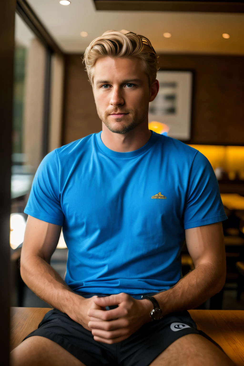 blonde guy wearing a t-shirt and shorts (sitting inside a modern restaurant at night), very detailed, 35 years old, natural wave hair, blue eyes, facial hair, high-res, masterpiece, best quality, intricate details, highly detailed, sharp focus, detailed skin, realistic skin texture, texture, detailed eyes, professional, 4k, shot on Canon, 85mm,shallow depth of field, Kodak vision color, perfect fit body, extremely detailed, photo_\(ultra\), photorealistic, realistic, post-processing, max detail, roughness, real life, ultra realistic, photorealism, photography, 8k uhd, photography (film grain) medium shot atmospheric dark lighting