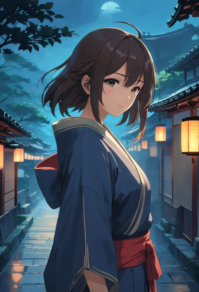 (Ancient Japan:1.2),(Best quality,A high resolution,Masterpiece:1.2),(cinematic Film still from),(Dark atmosphere:1.4),(1girll),(A half-long hair and an 18-year-old girl:1.2),(up-close),(Only the upper body is shown:1.0),(baggy clothes,Looming big breasts:1.2),(depth of fields)