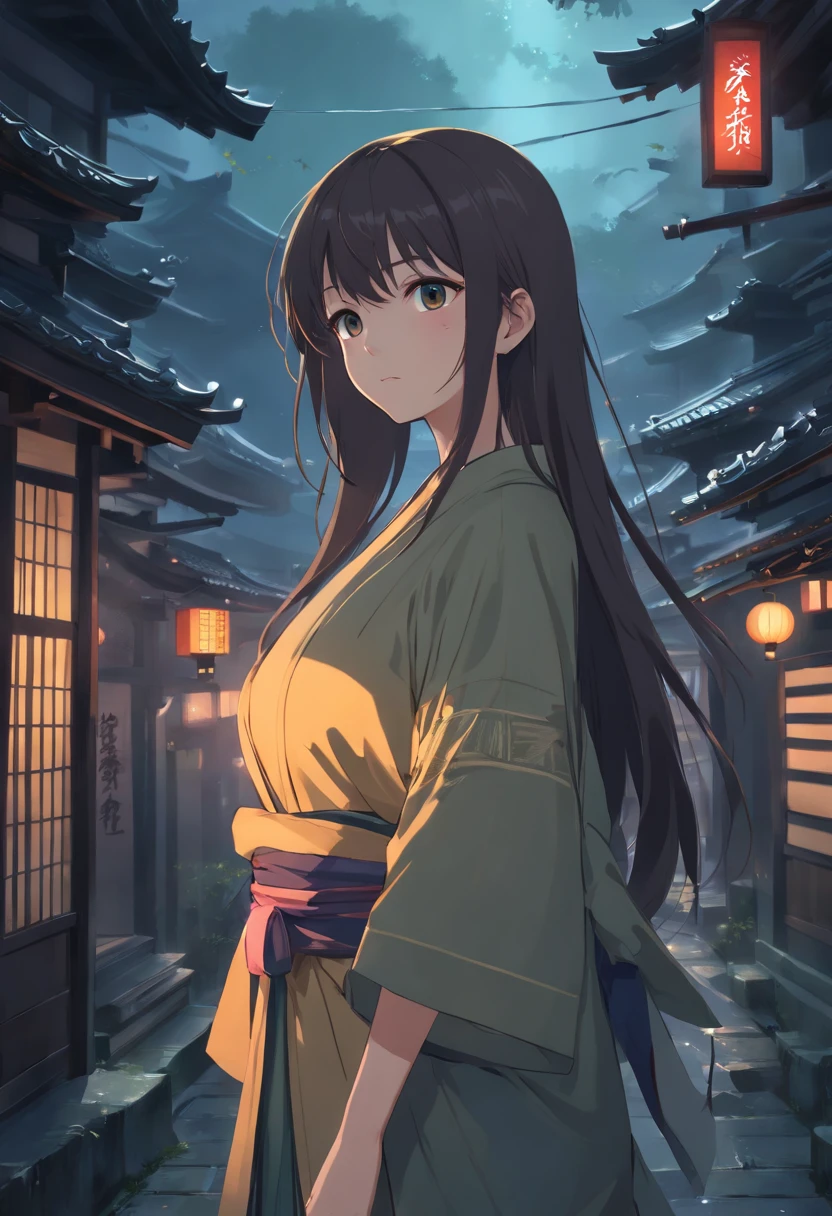 (Ancient Japan:1.2),(Best quality,A high resolution,Masterpiece:1.2),(cinematic Film still from),(Dark atmosphere:1.4),(1girll),(A half-long hair and an 18-year-old girl:1.2),(up-close),(Only the upper body is shown:1.0),(baggy clothes,Looming big breasts:1.2),(depth of fields)