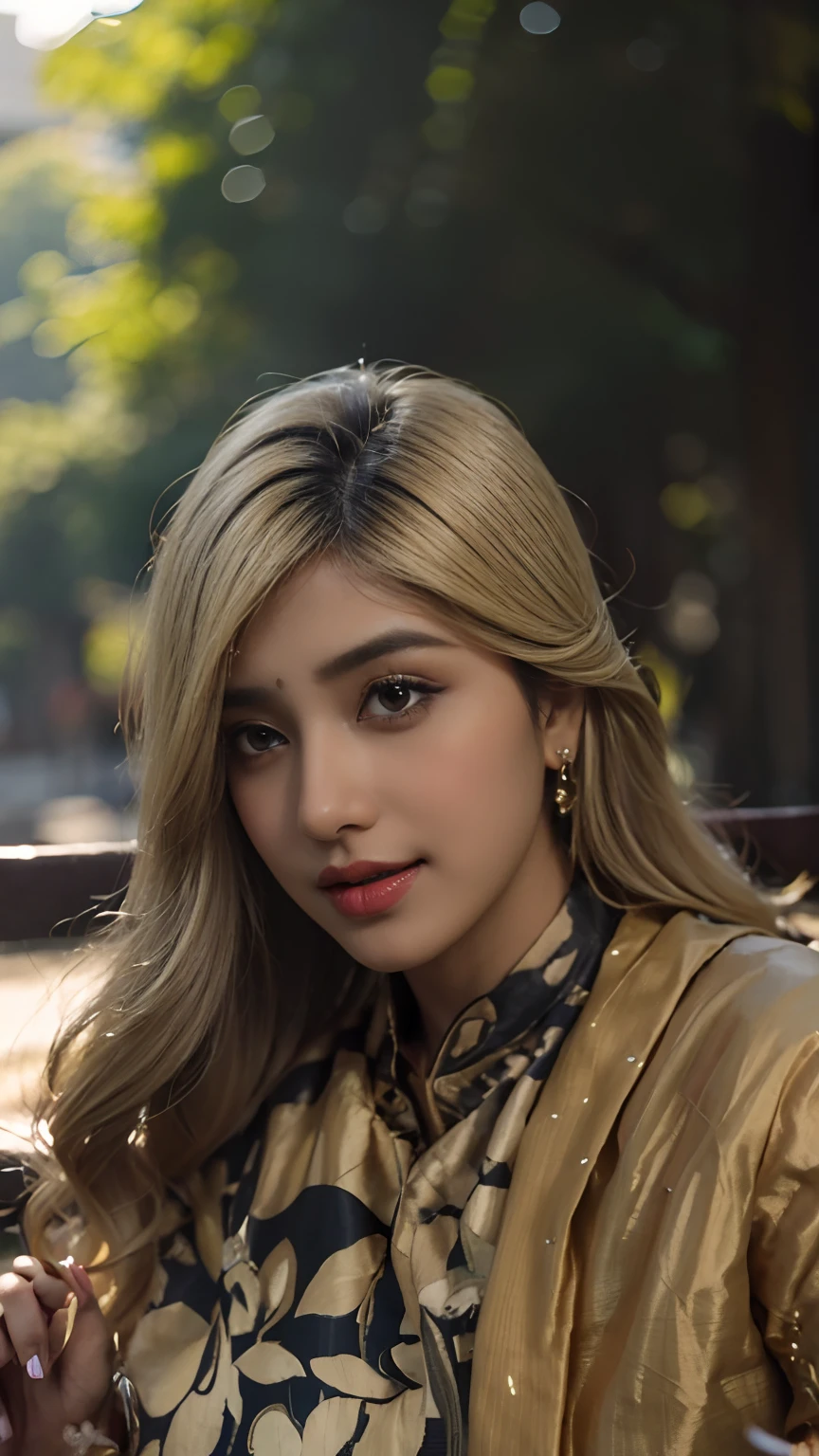 (((desi girl))), chubby face, natural skin, wearing bhue bridal saree, charming black hair, ((hair ends are blonde)), greenary village background, bokeh