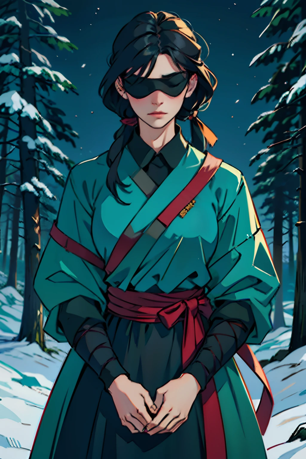 A woman, dressed in a black dress, wearing a blindfold, wrapped in ribbons, with black birds flying, background is dark pine forest in winter, mood is constricting, confining, despondent, night light, character design.