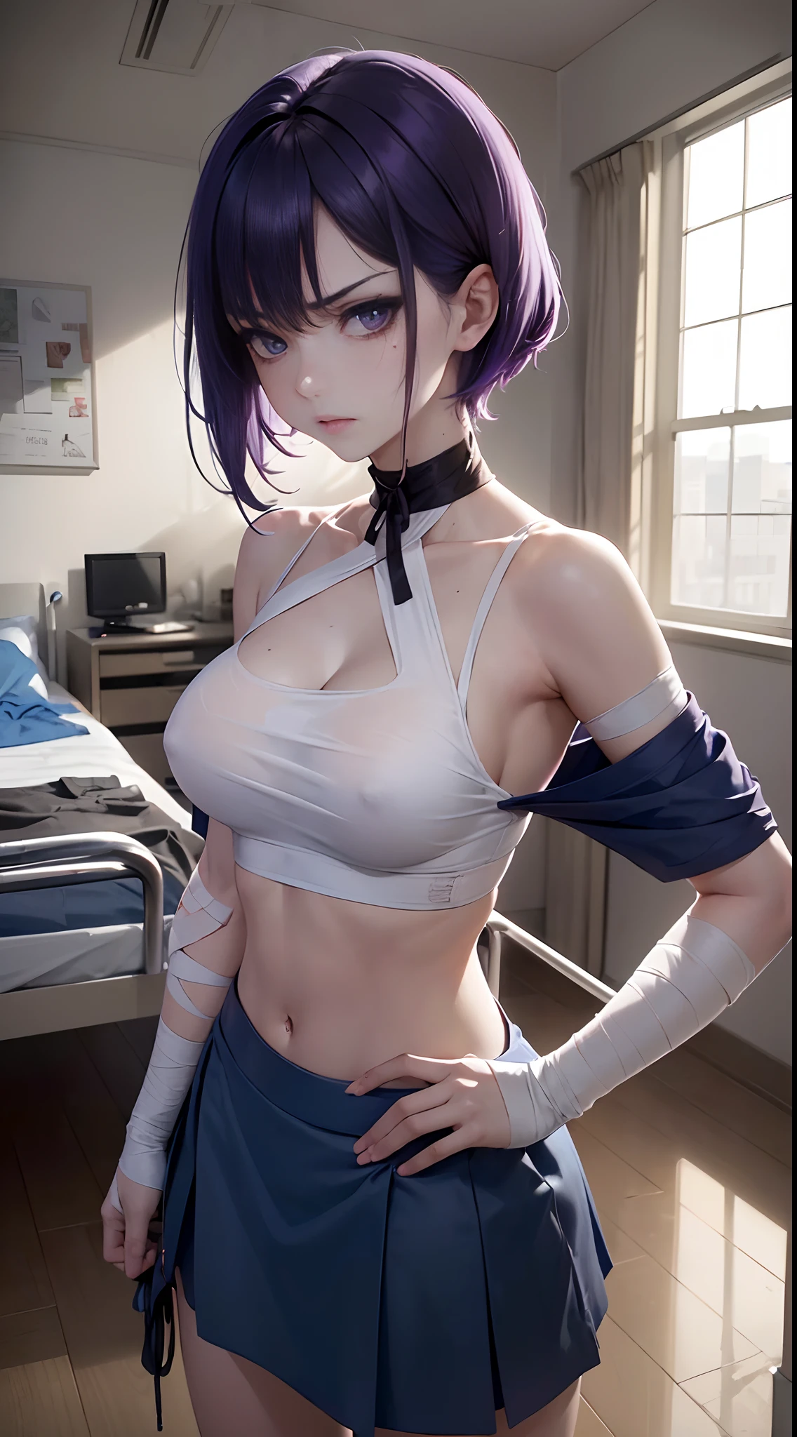 (masterpiece, best_quality), a slim girl wearing loose shirt and short blue skirt, (many blood stains on clothes: 1.4), middle-length bright purple hair, dark black eyes, hurt expression, (angry face: 1.4), (large breasts), delicate face, standing, ((tightened fists: 1.4)), ((many bandages on RIGHT arm and wrist: 1.8)), (many blood stains on cheeks and body: 1.4), (natural lighting), hospital bandages on arms and hands, (bruises), (hospital room: 1.4), dark, detailed background, (same eye-level POV), looking straight, anime, photo-realistic, (ultra-detailed), (high resolution), (1 girl)